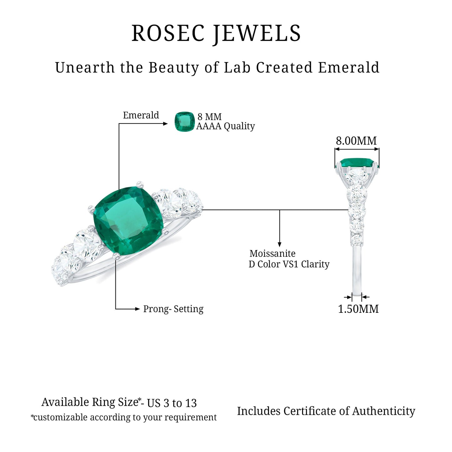 Lab Grown Emerald 2 Carat Cushion Engagement Ring with Moissanite Side Stones