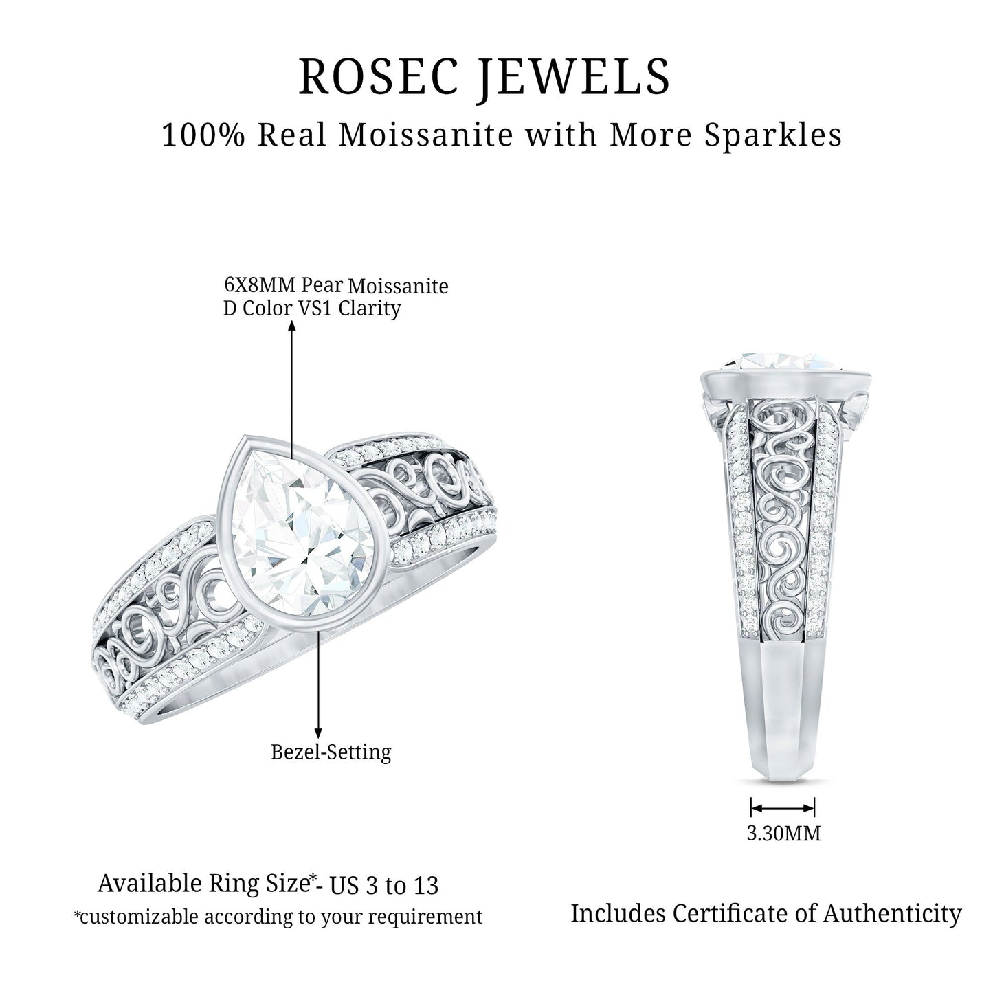 Bezel Set Moissanite Pear Engagement Ring with Filigree Details