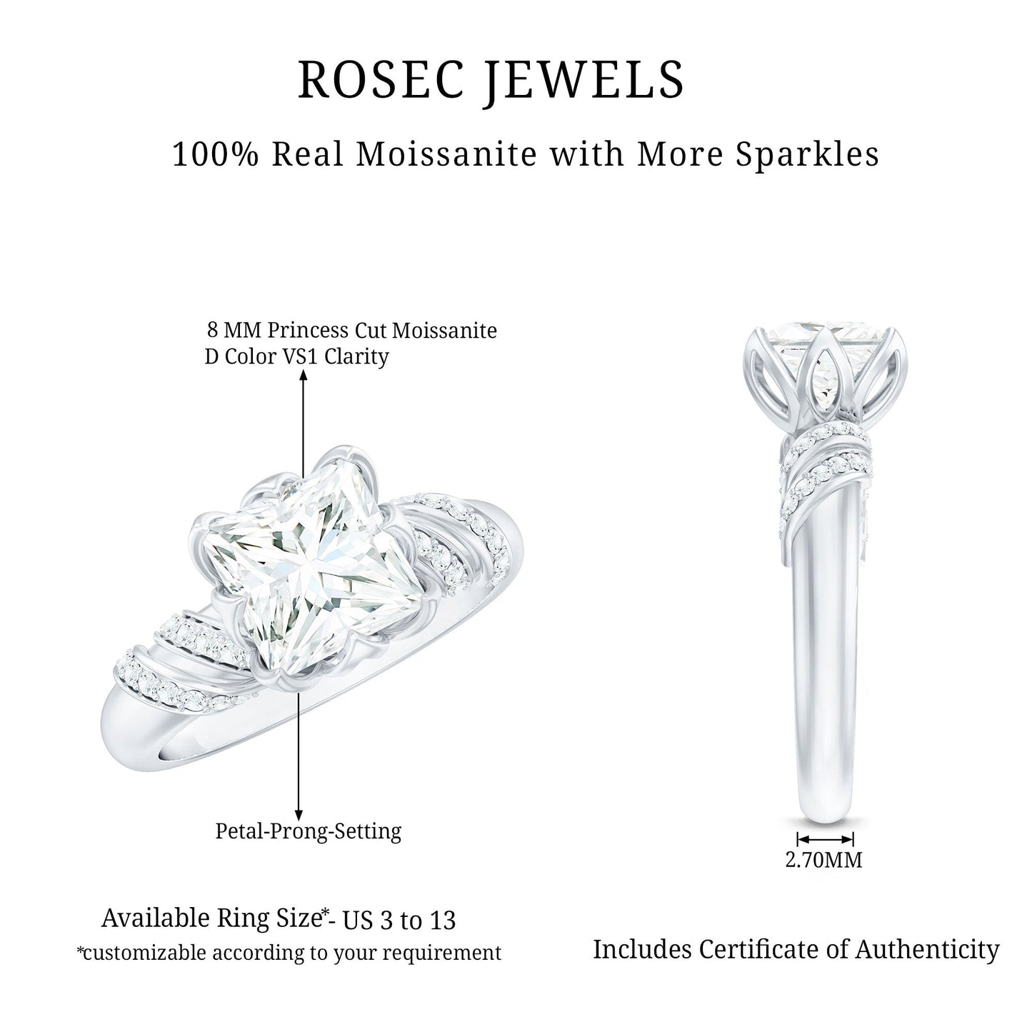 Certified Princess Cut Moissanite Designer Engagement Ring
