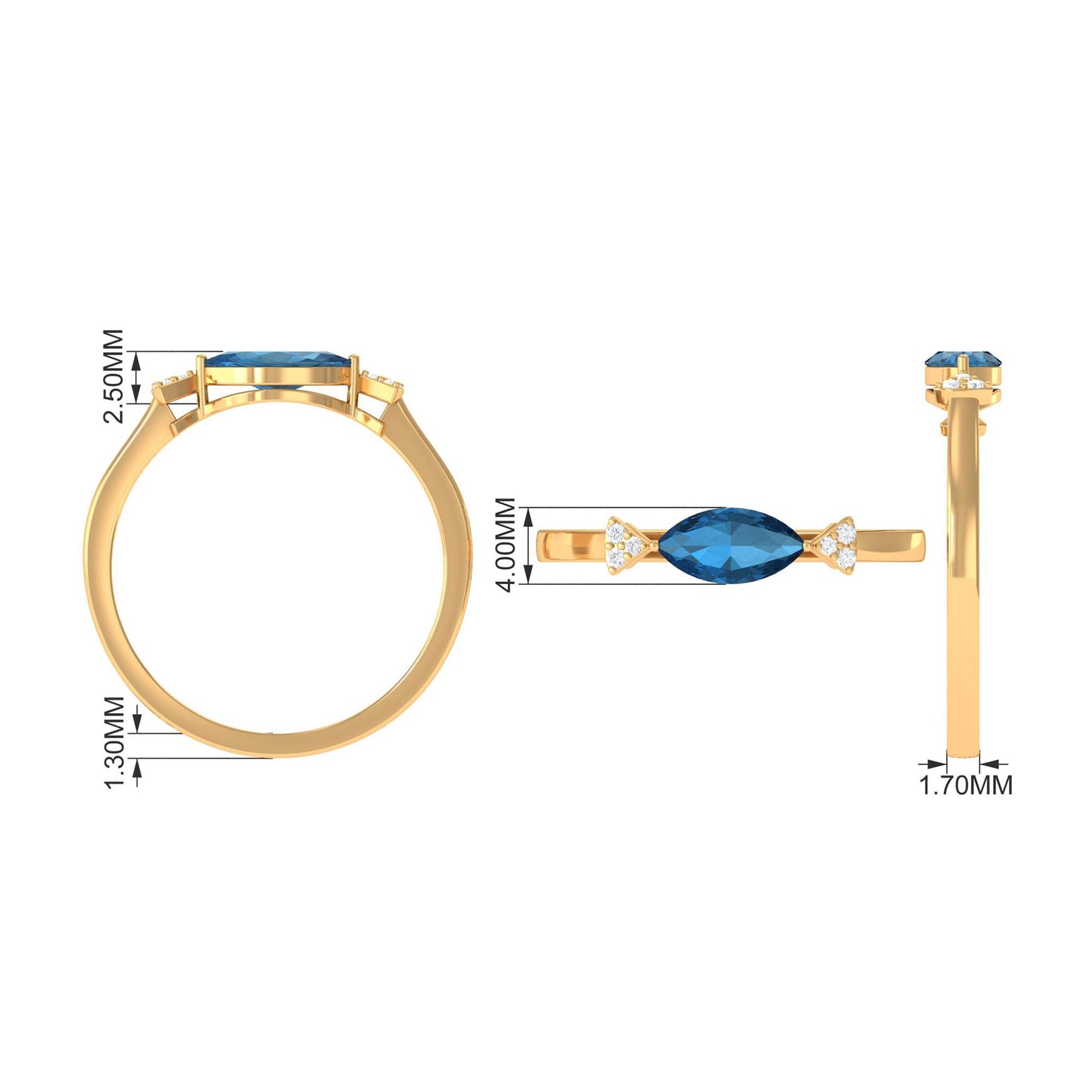 0.7 Carat Marquise cut London Blue Topaz East West Promise Ring with Diamond