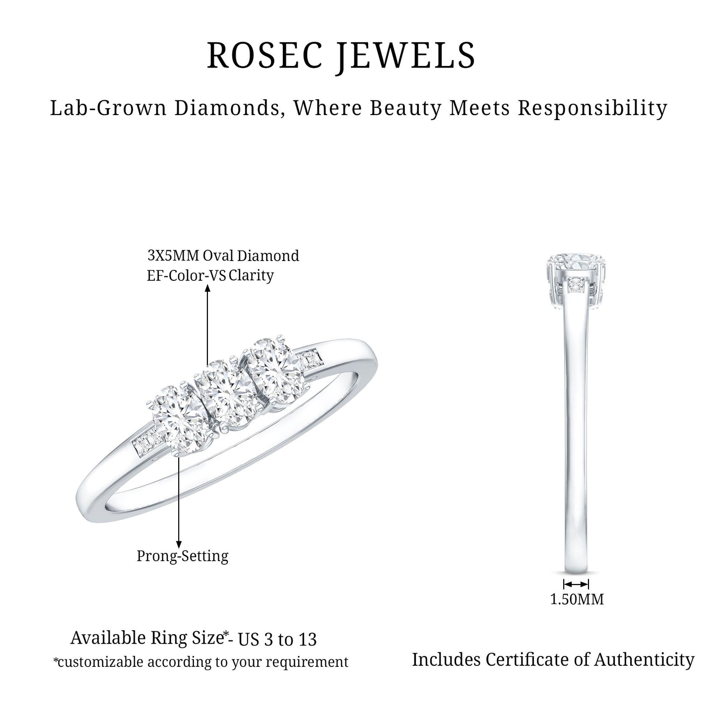 Lab Grown Oval Diamond 3 Stone Engagement Ring
