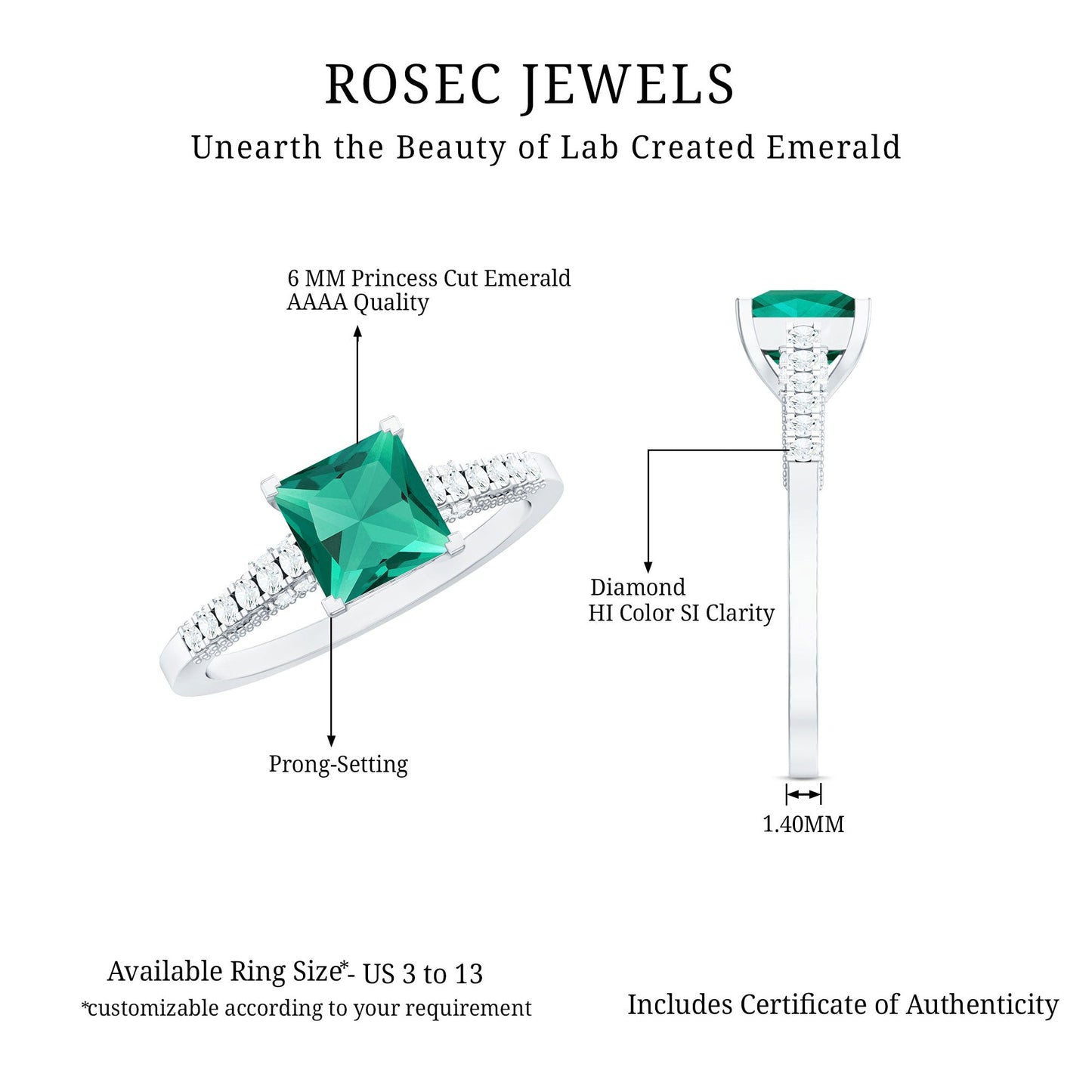 Princess Cut Lab Created Emerald Solitaire Ring with Diamond Side Stones