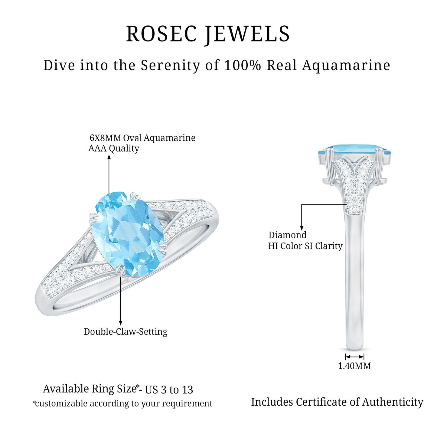Genuine 1 Carat Oval Aquamarine Engagement Ring with Diamond Split Shank