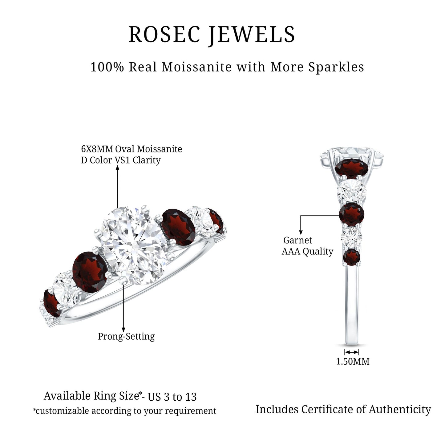 1.2 Carat Certified Moissanite Oval Engagement Ring with Garnet