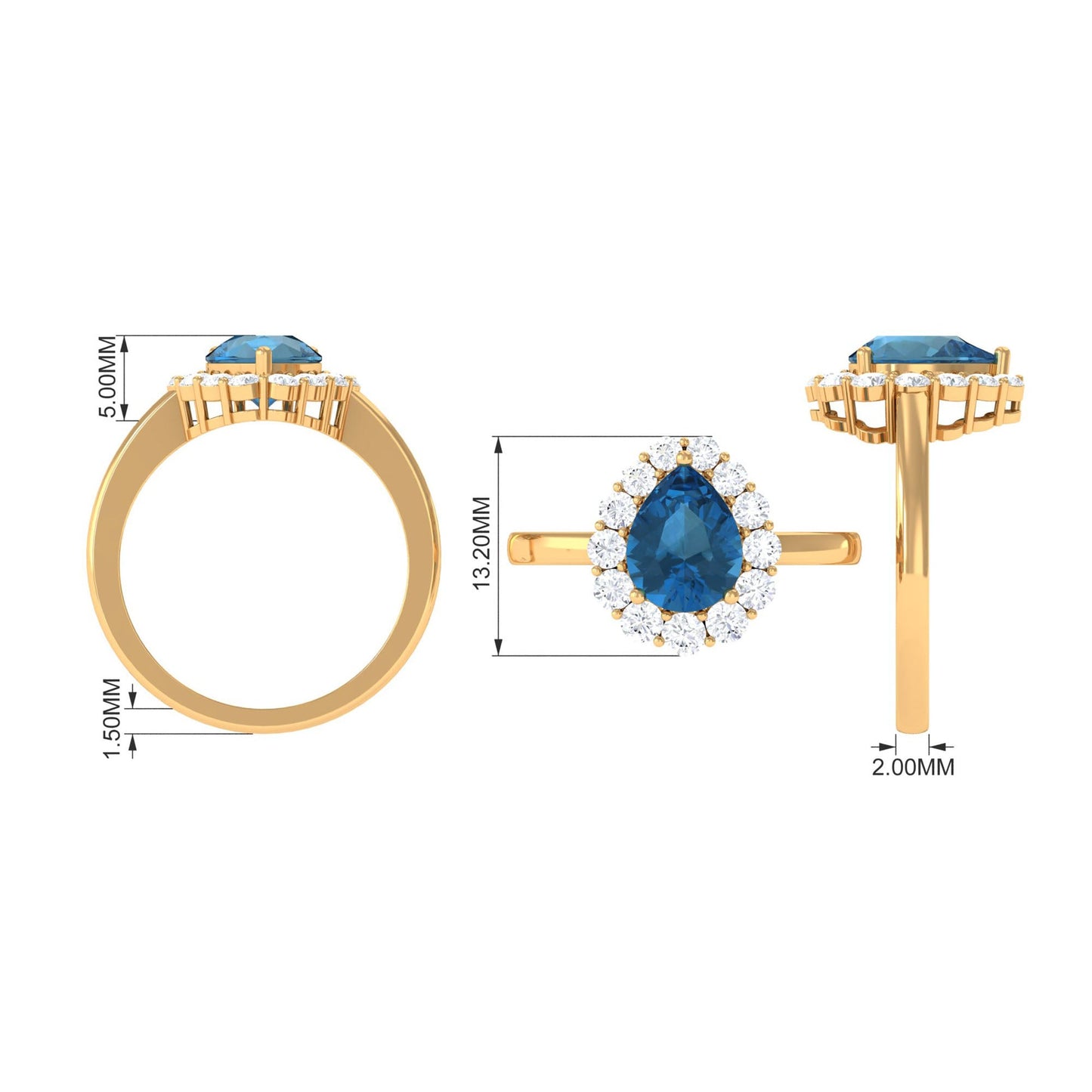 1.7 Carat Pear Shape London Blue Topaz Halo Engagement Ring with Diamond
