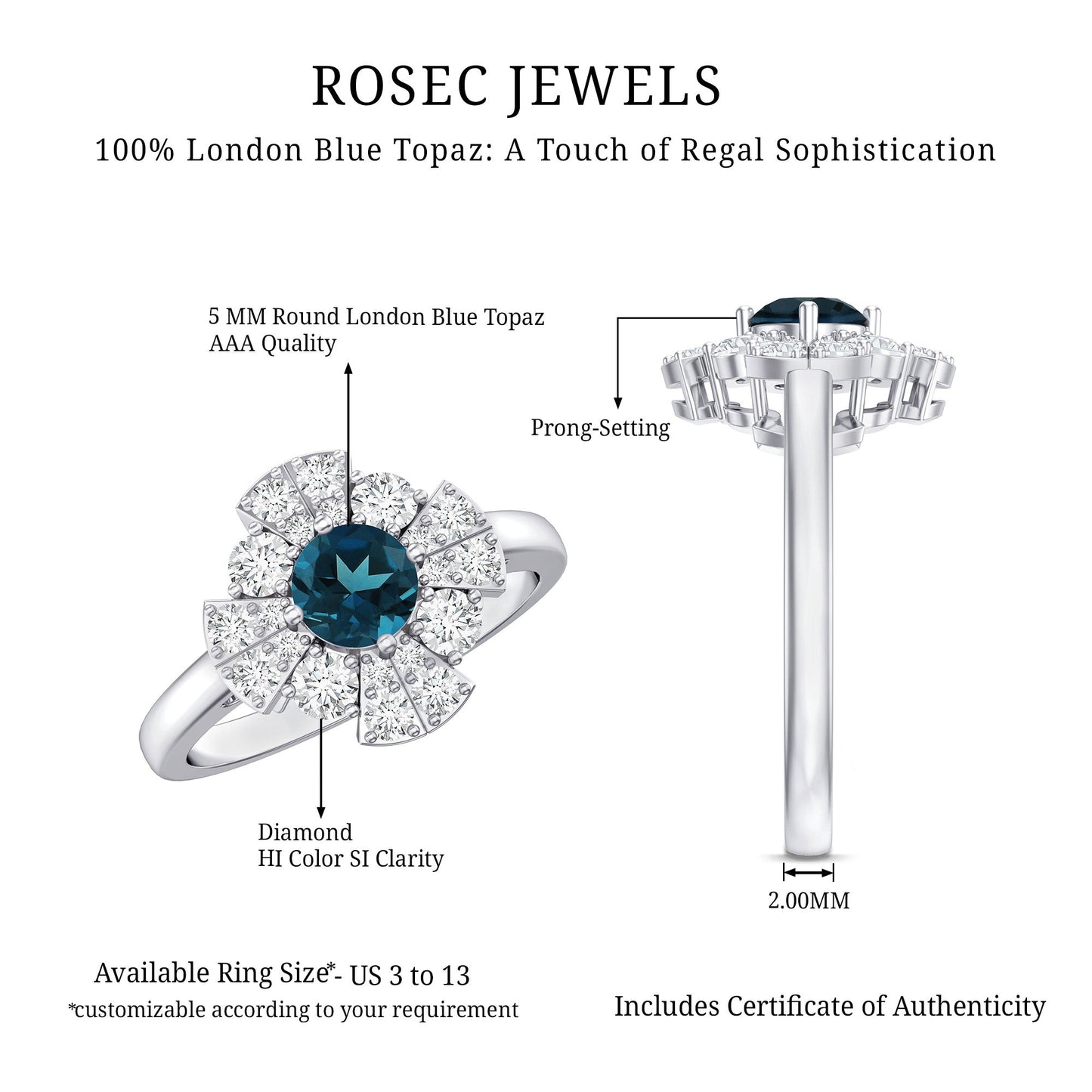 London Blue Topaz Floral Engagement Ring with Diamond