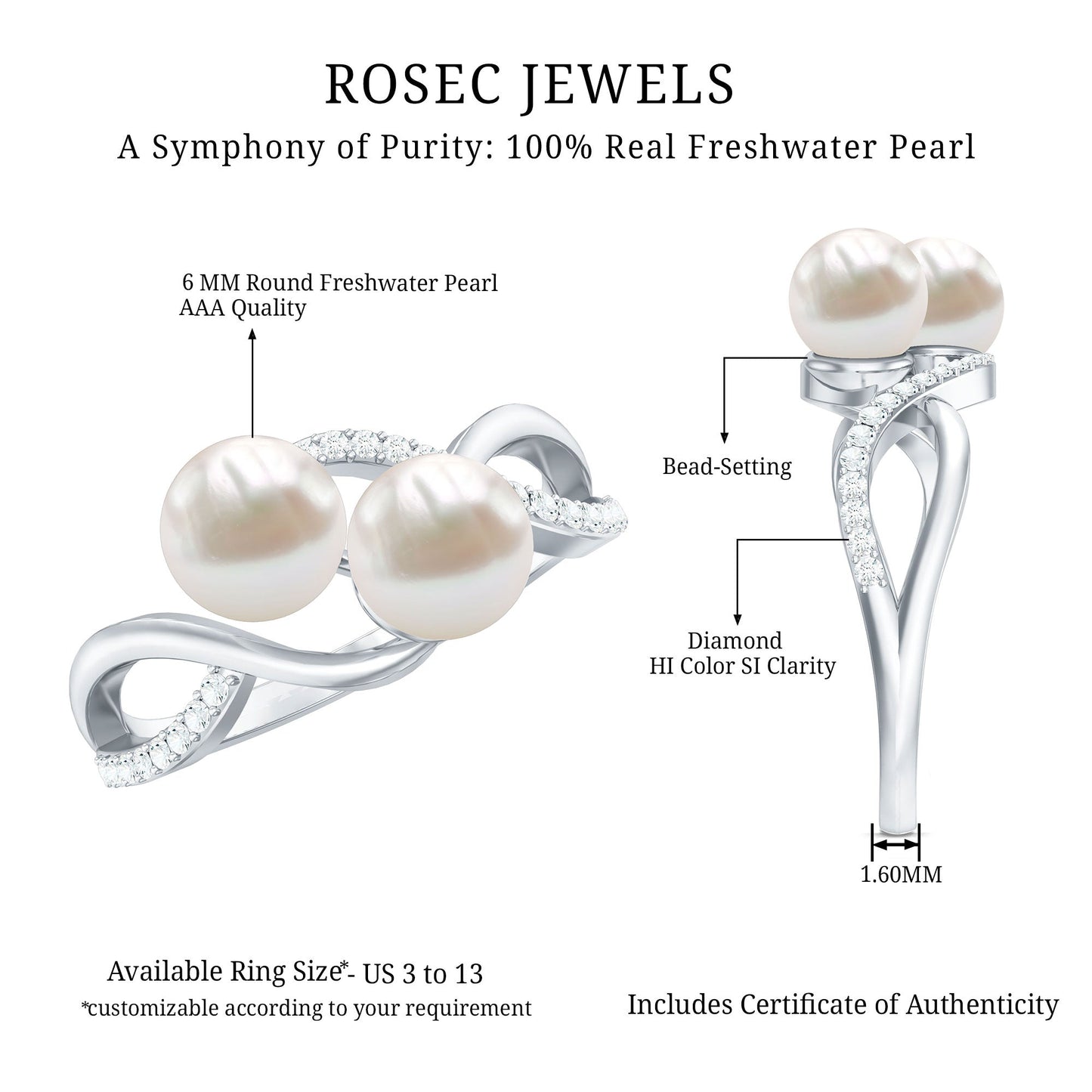 Cultured Freshwater Pearl Toi Et Moi Engagement Ring with Diamond