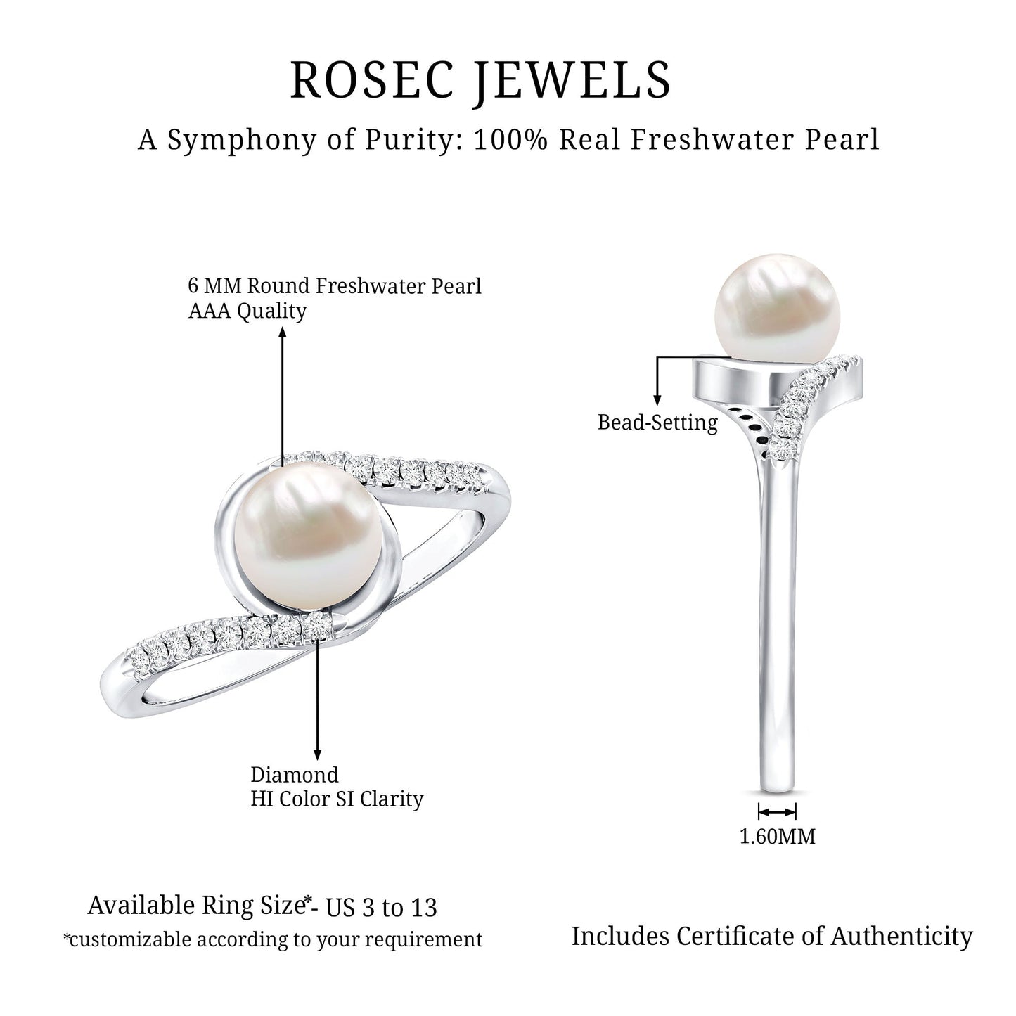 Freshwater Pearl Solitaire Bypass Engagement Ring with Diamond Accent