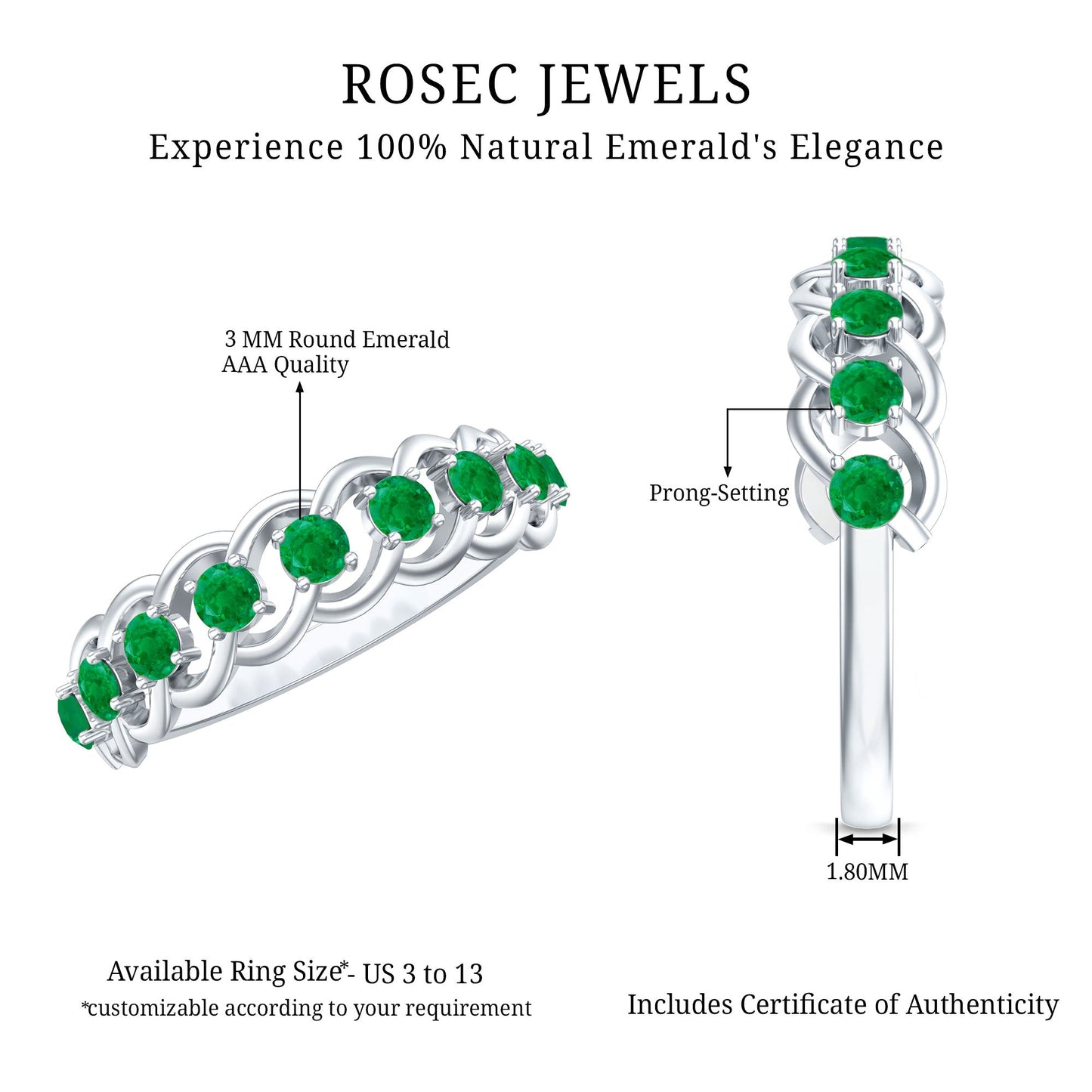 Genuine Green Emerald Braided Half Eternity Band
