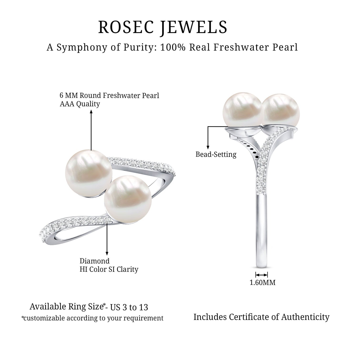 Natural Freshwater Pearl 2 Stone Engagement Ring with Diamond