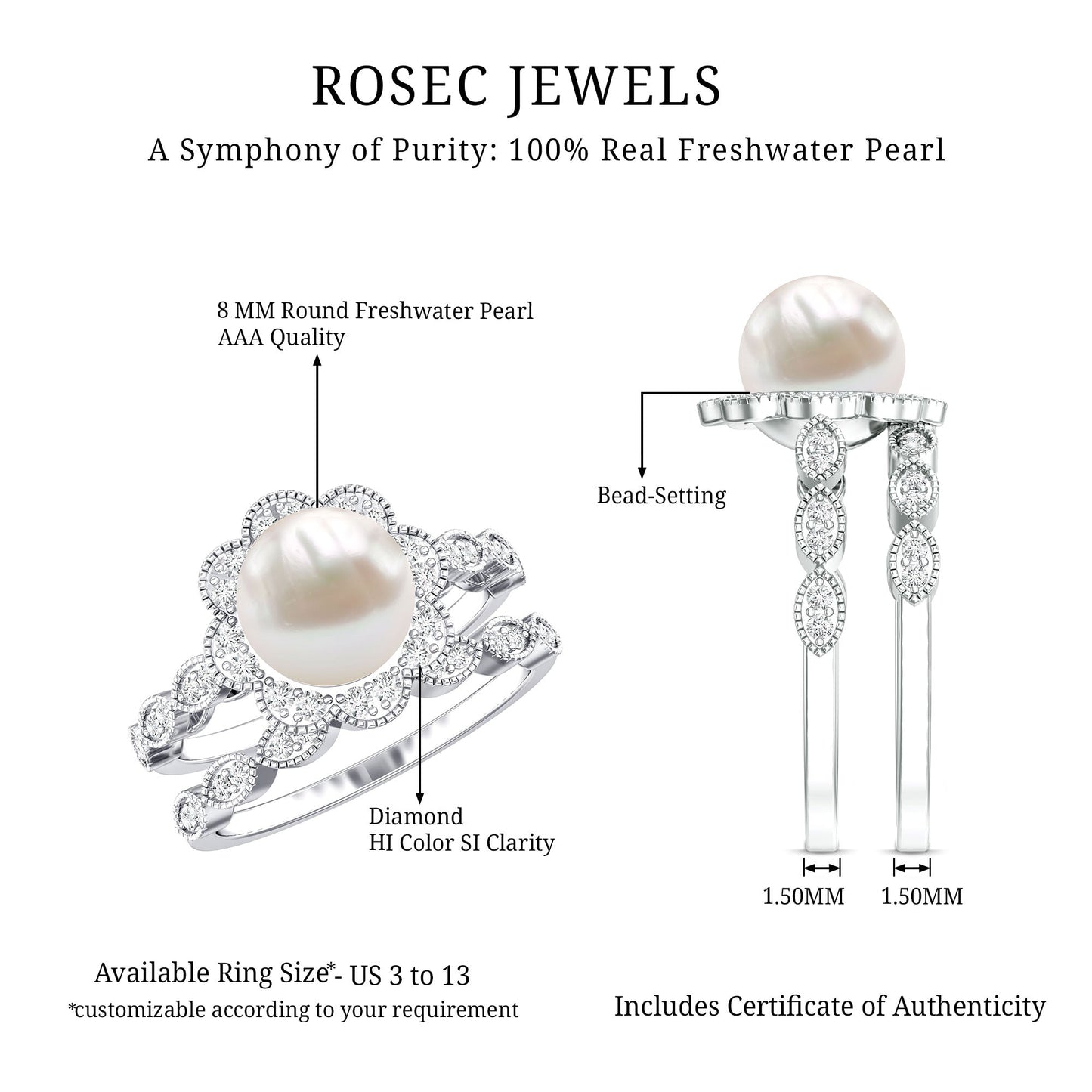 Freshwater Pearl and Diamond Wedding Ring Set