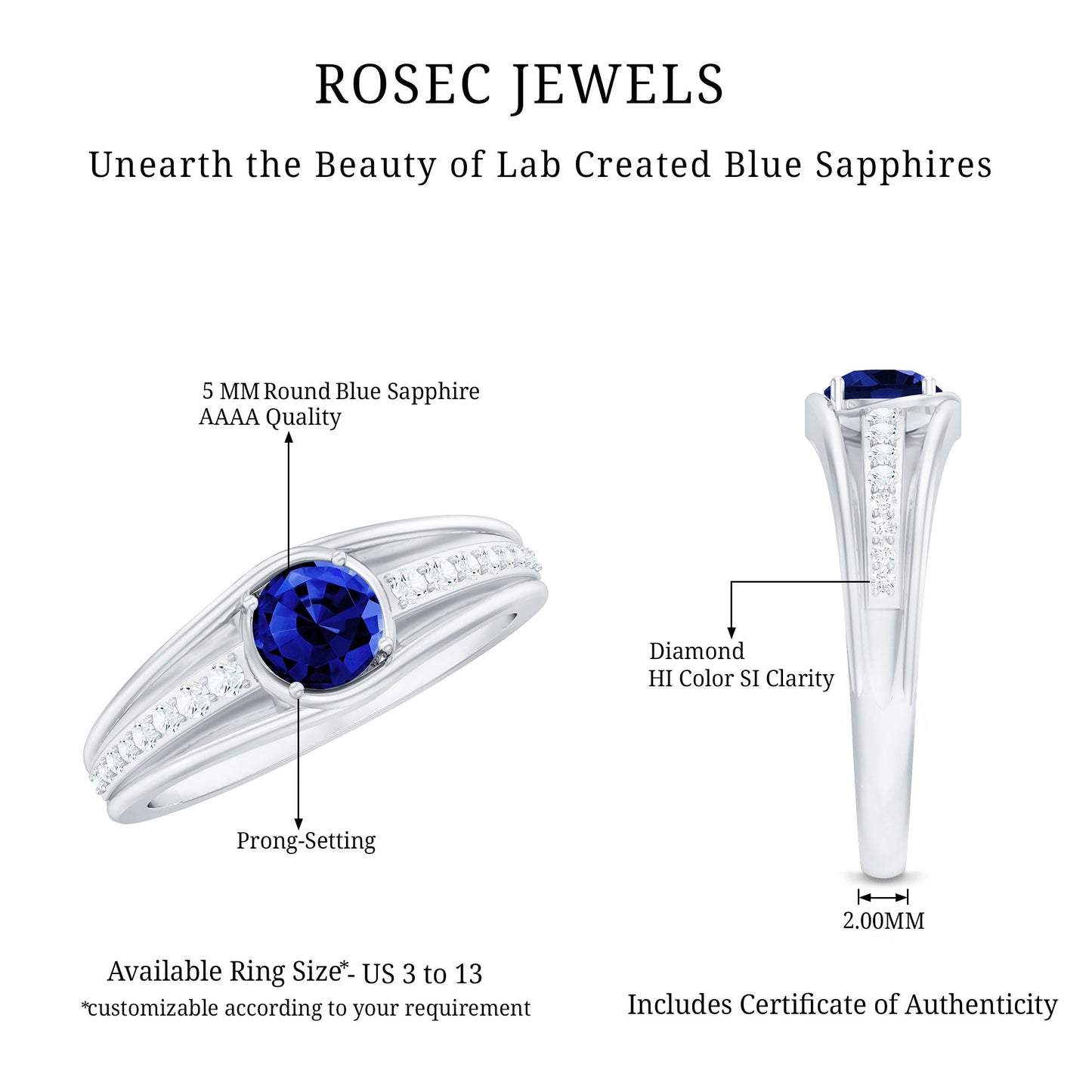 0.6 Carat Created Blue Sapphire and Diamond Classic Engagement Ring