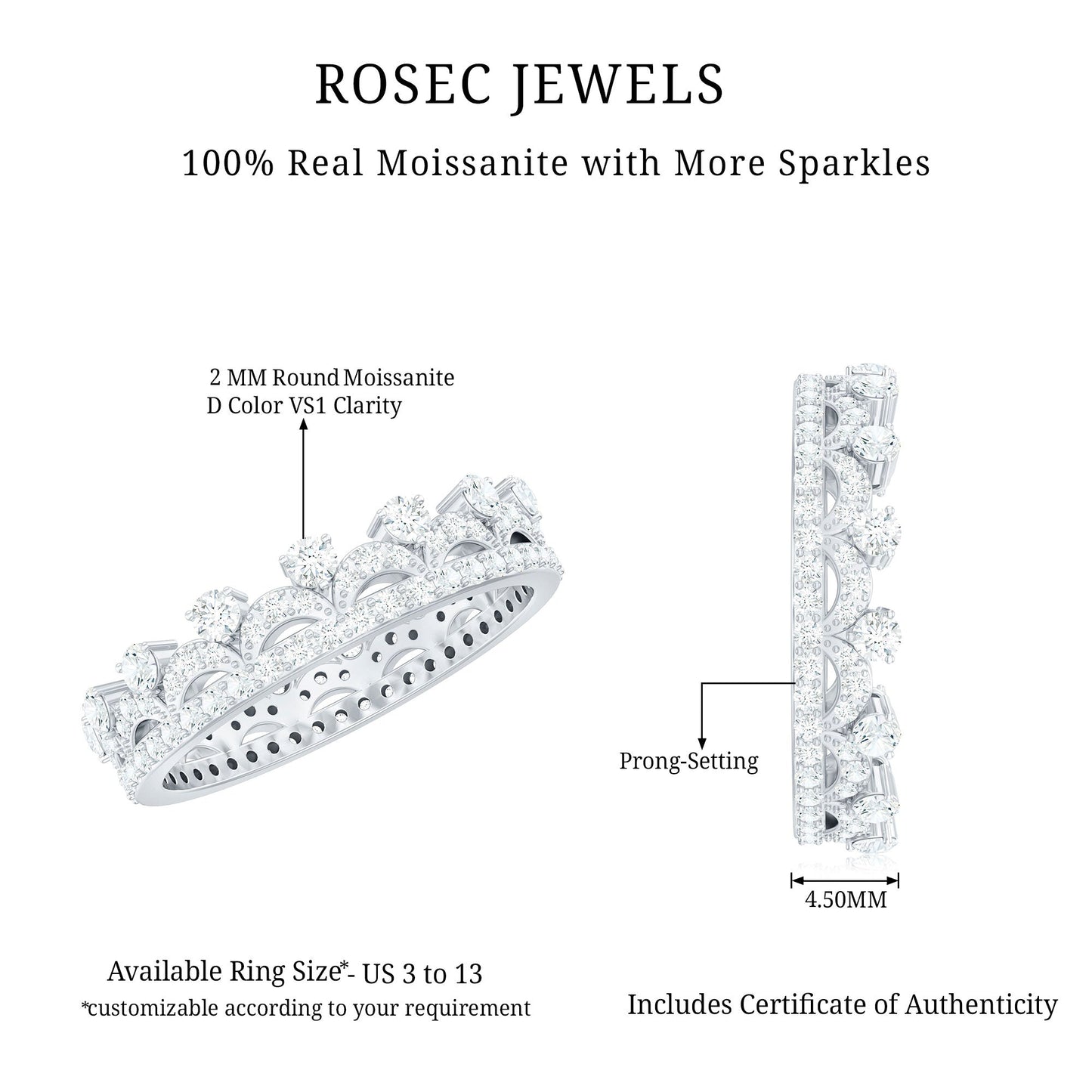 Round Cut Certified Moissanite Crown Wedding Band for Women