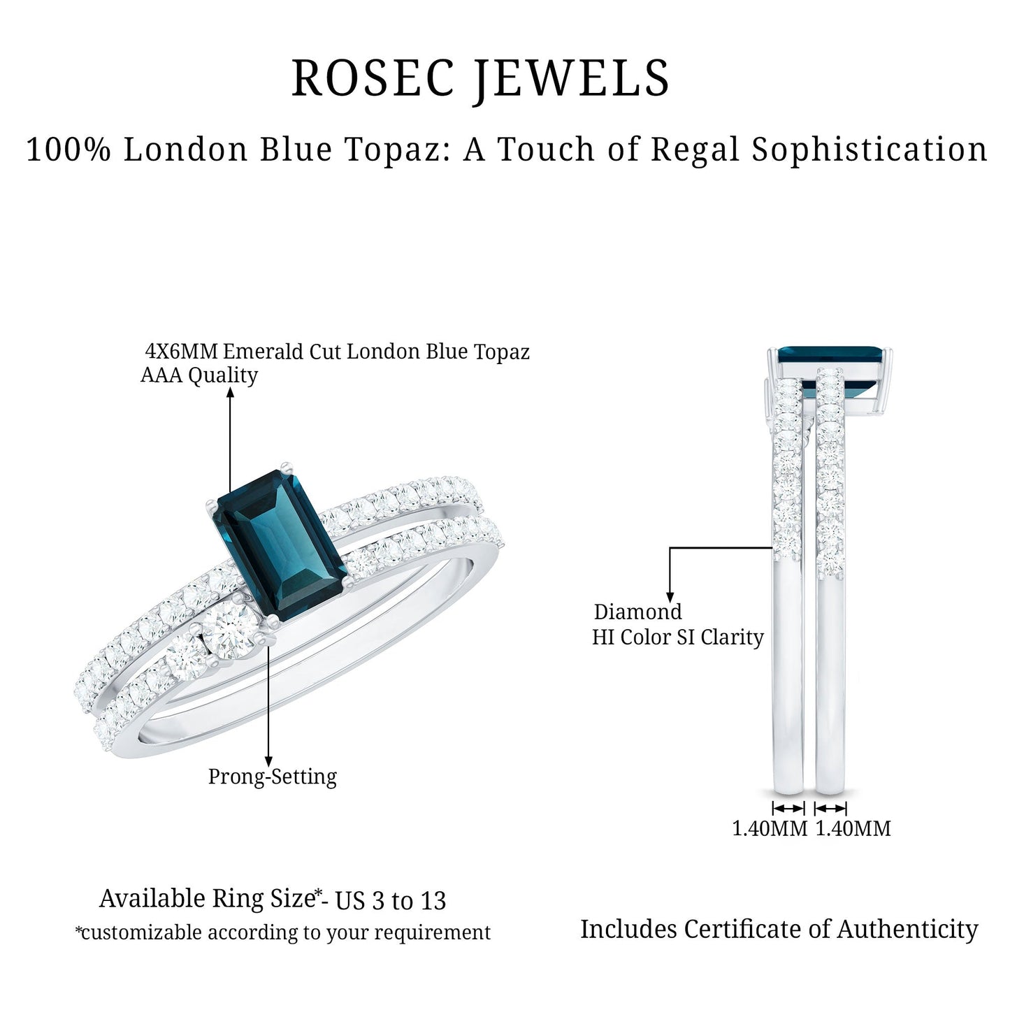 0.7 Carat Emerald Cut London Blue Topaz Wedding Ring Set with Diamond