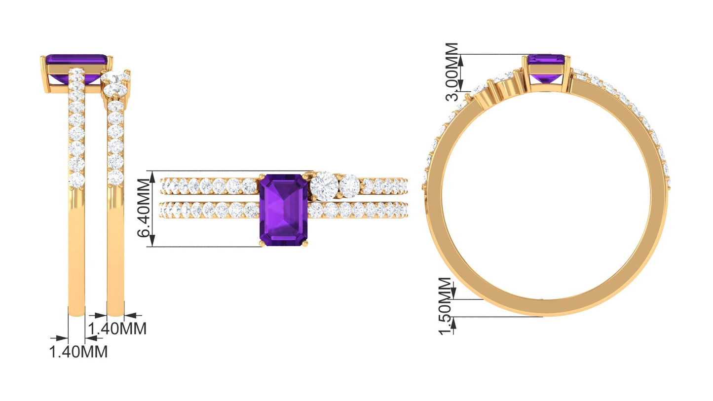 Natural 1.4 Carat Emerald Cut Amethyst Diamond Wedding Bridal Ring Set
