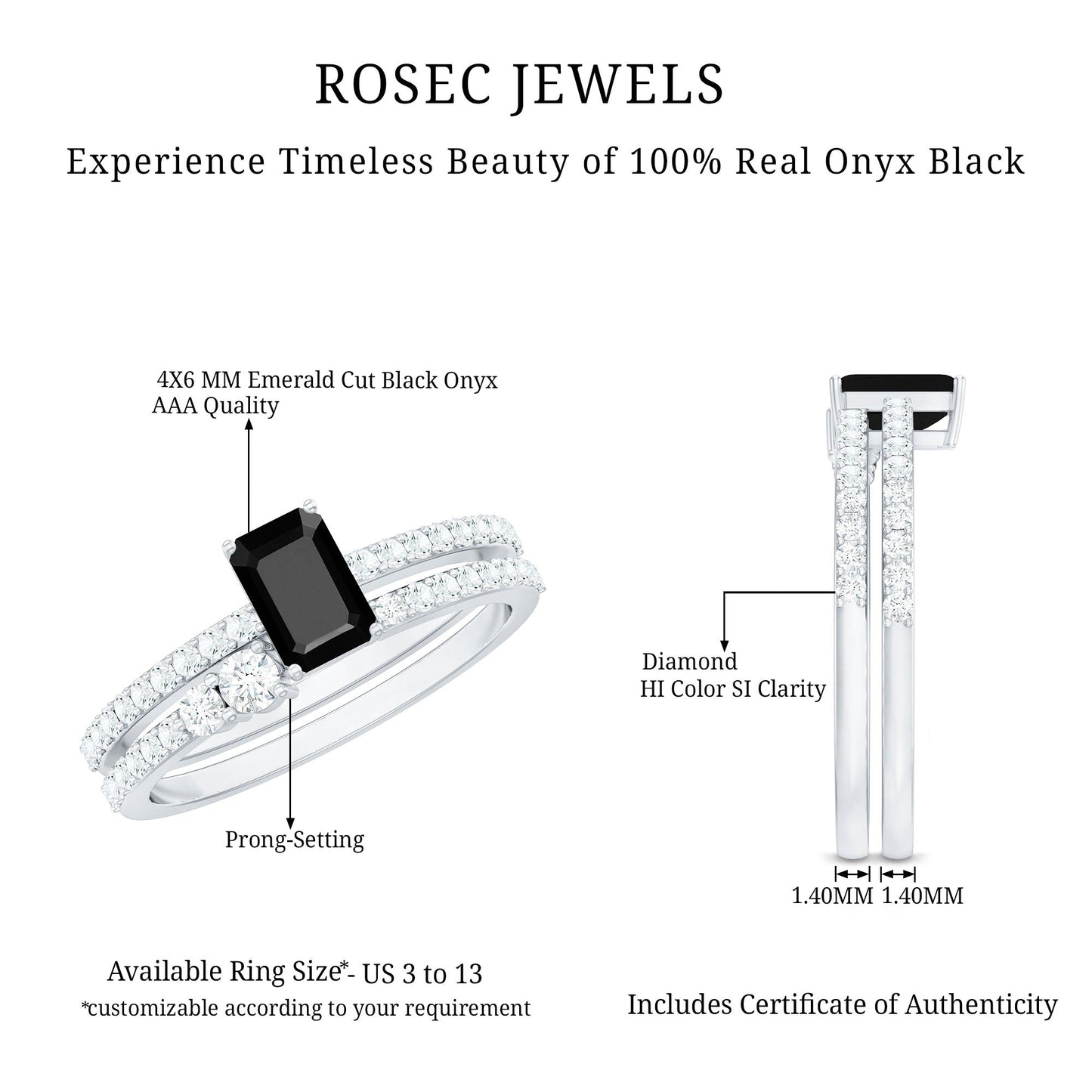 Emerald Cut Black Onyx and Diamond Bridal Ring Set