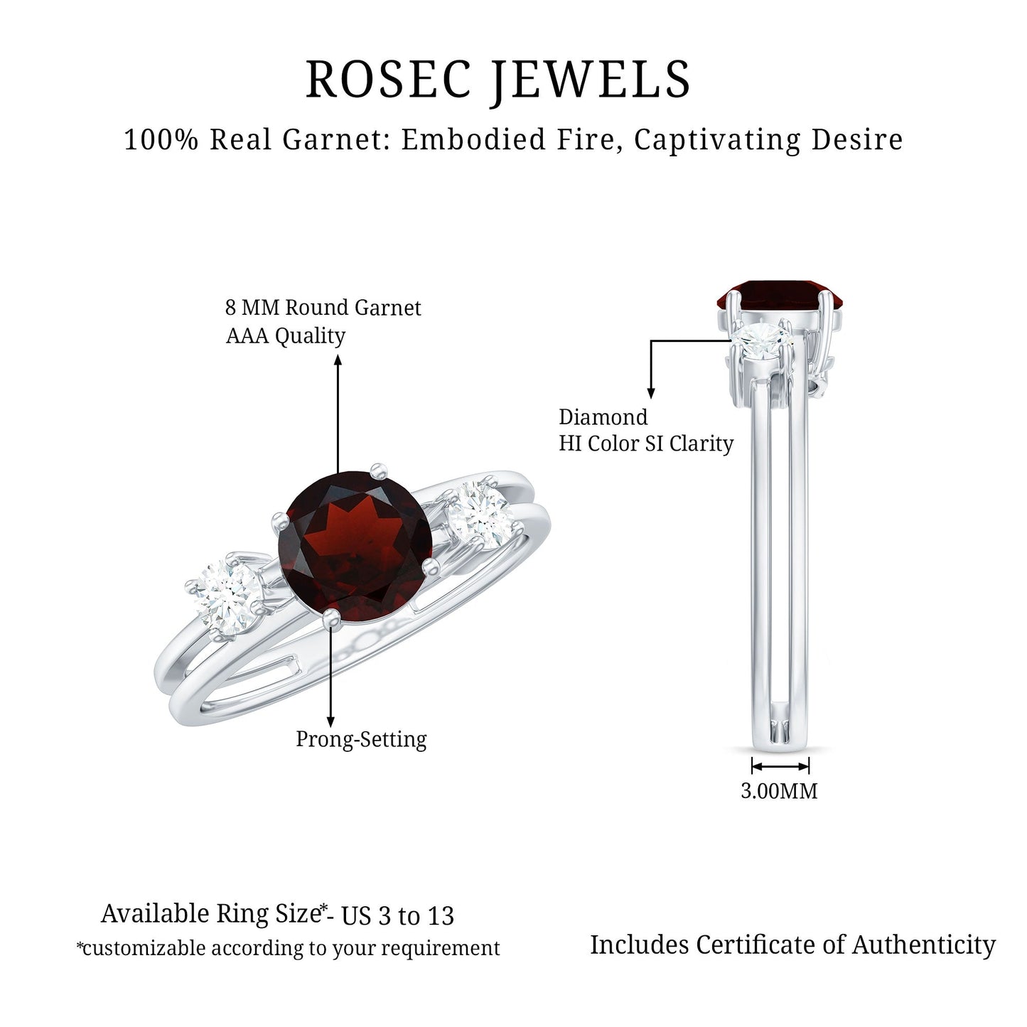 Genuine 2.3 Carat Garnet Diamond Double Band Engagement Ring