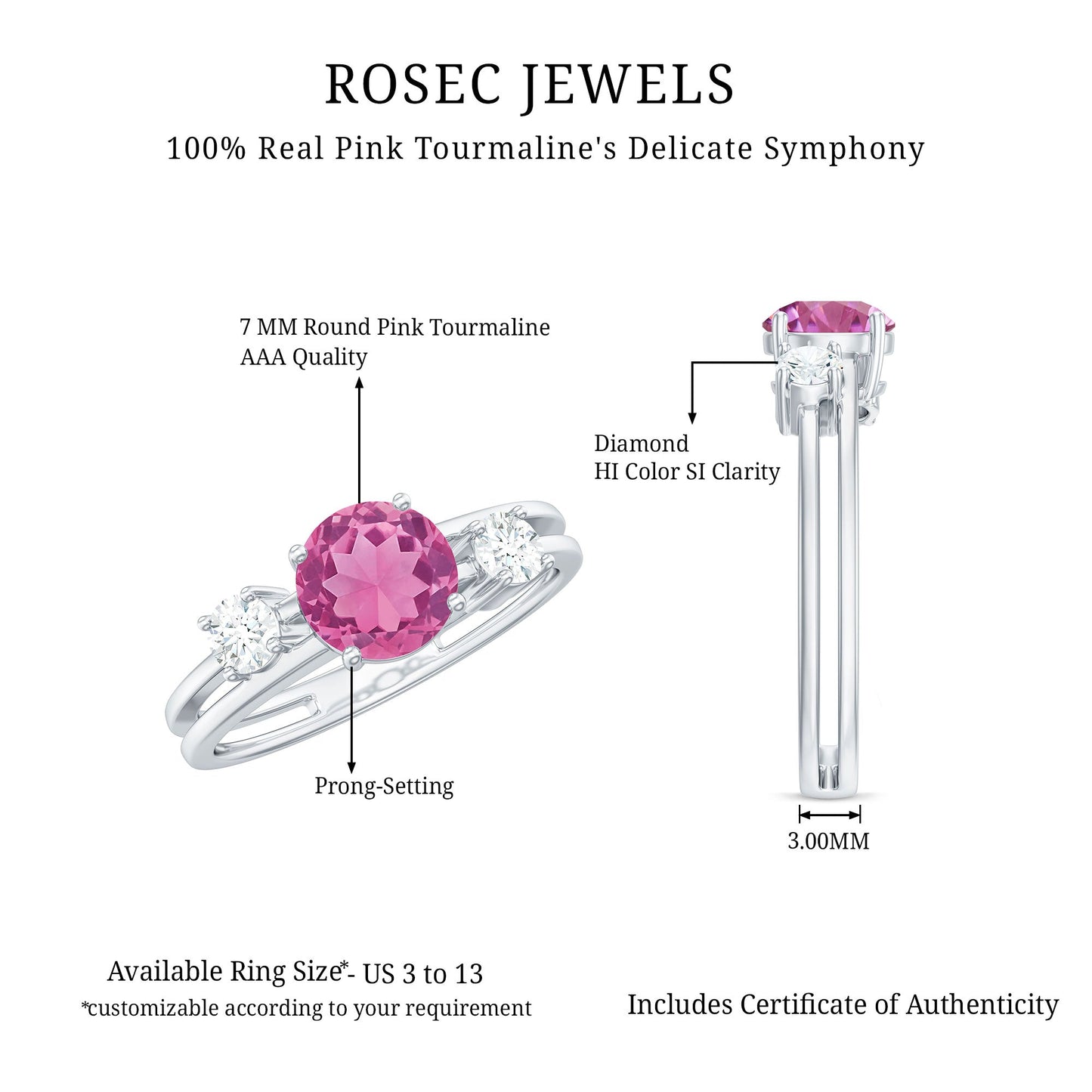 1.2 Carat Genuine Pink Tourmaline Solitaire Double Band Ring with Diamond