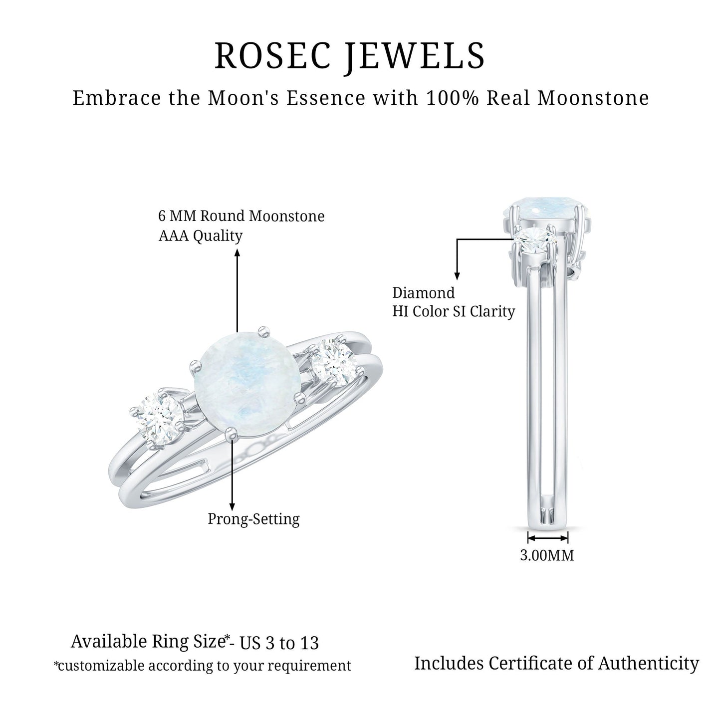 0.3 Carat Moonstone Solitaire Double Band Ring with Diamond