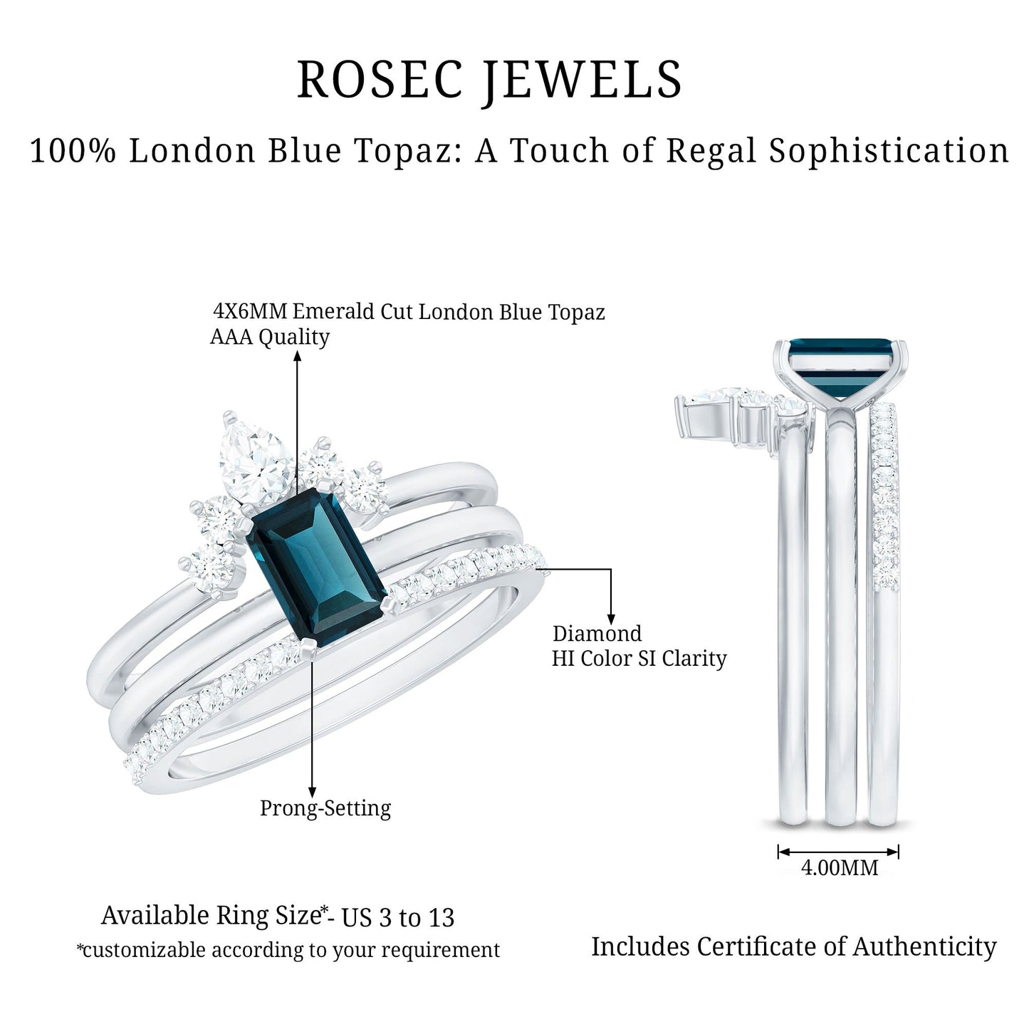 0.7 Carat Emerald Cut London Blue Topaz Solitaire Trio Ring Set with Diamond