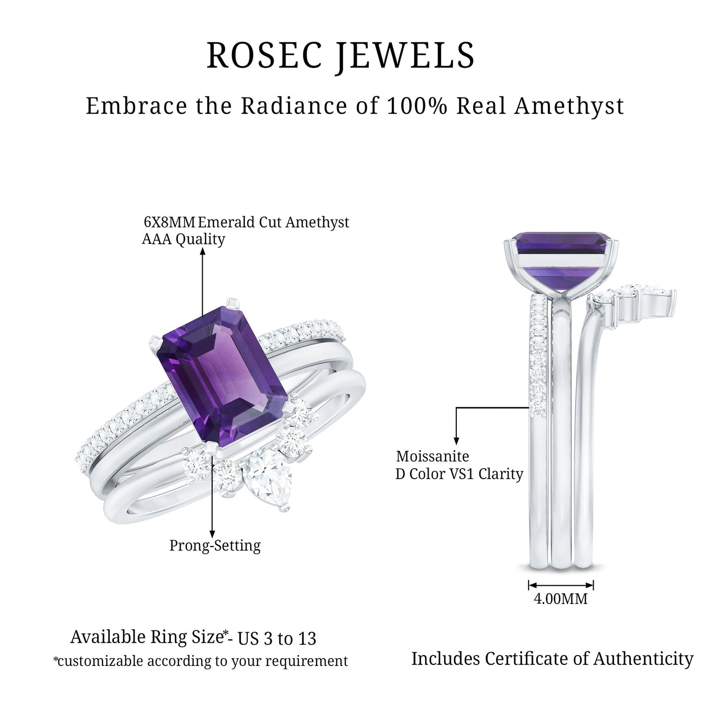 Natural 1.4 Carat Amethyst 3 Piece Bridal Ring Set with Diamond