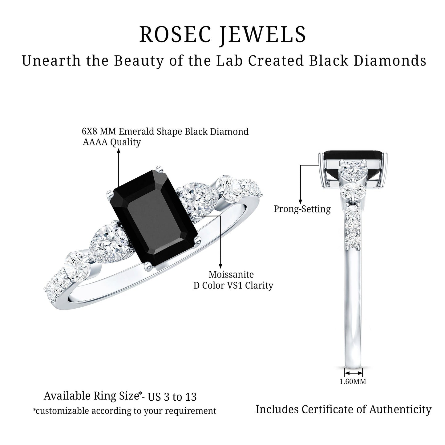 Certified 1.6 Carat Lab Grown Black Diamond Emerald Cut Engagement Ring with Side Stones