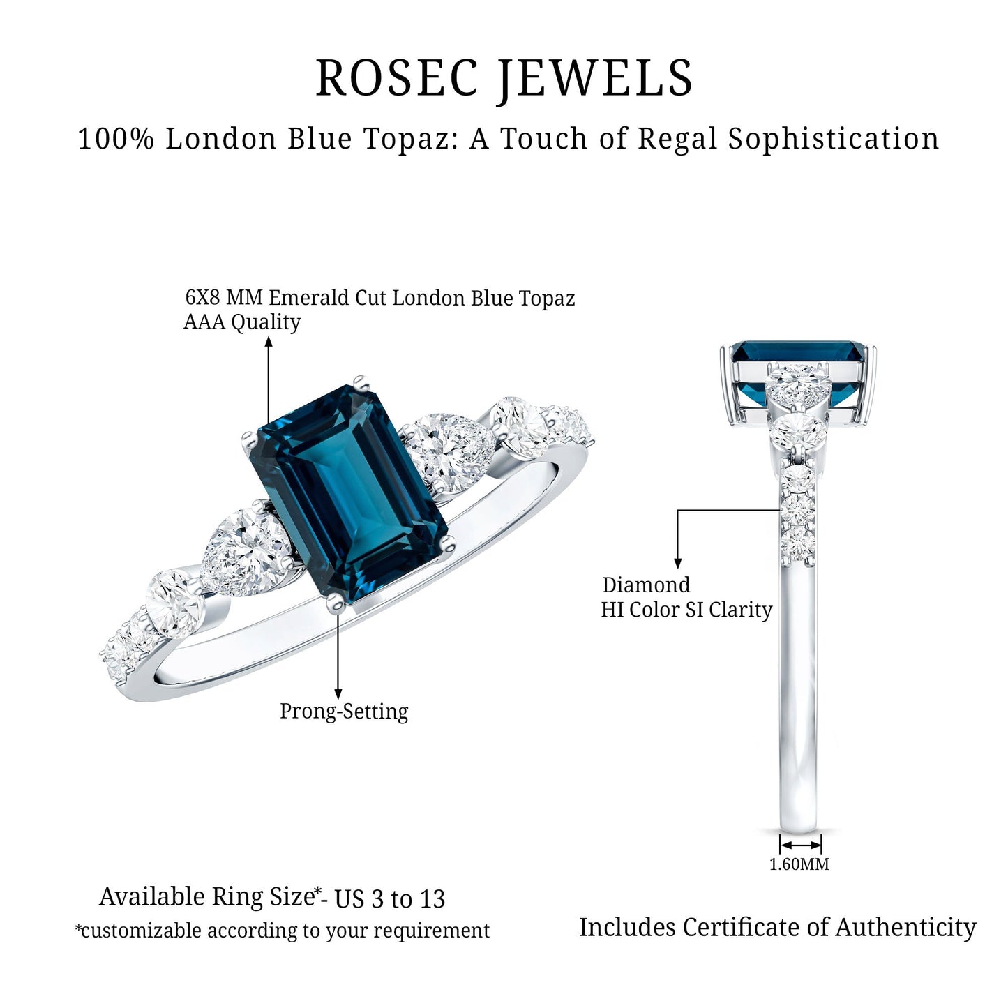 Genuine 2.2 Carat Emerald Cut London Blue Topaz Engagement Ring with Diamond