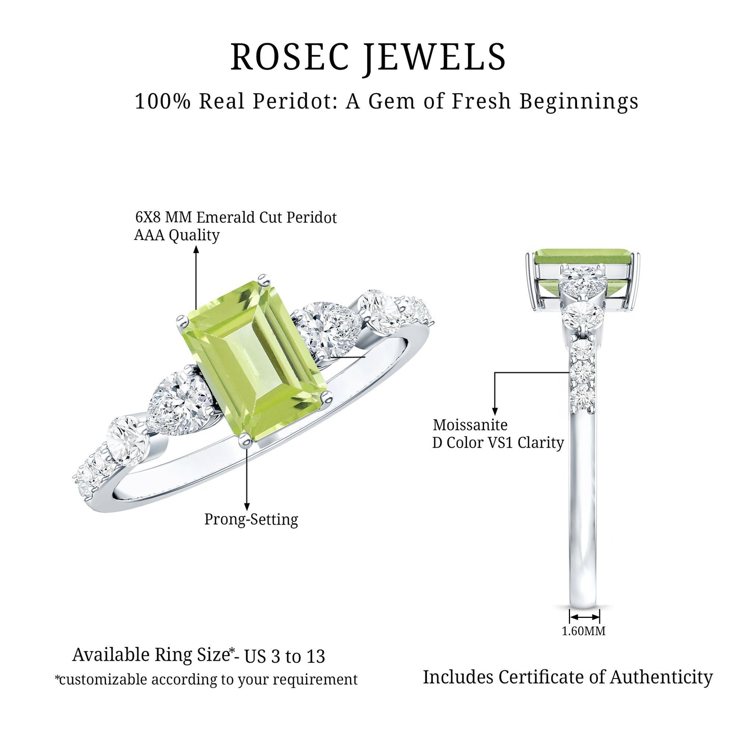 Natural 1.8 Carat Peridot Emerald Cut Engagement Ring with Side Stones