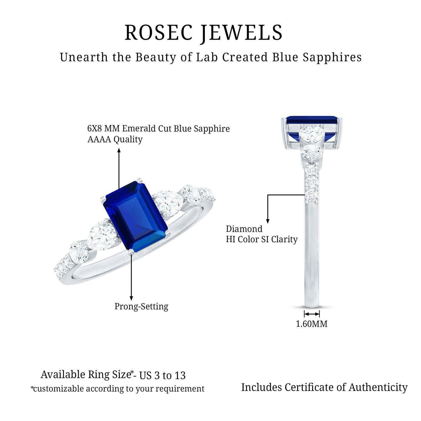 Certified 1.75 Carat Lab Grown Blue Sapphire Emerald Cut Engagement Ring with Diamond Side Stones