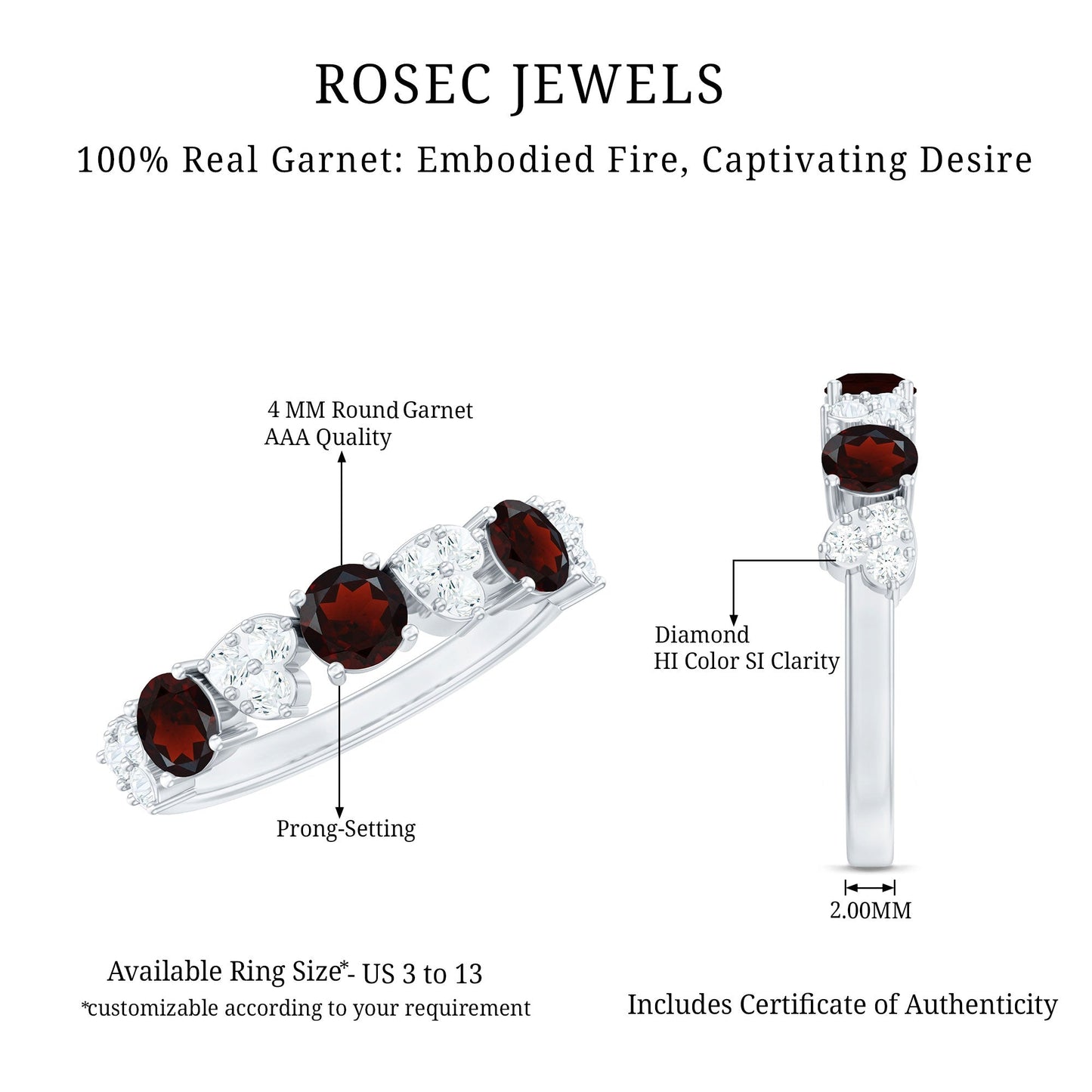 Certified Real Garnet Diamond Heart Eternity Ring for Anniversary