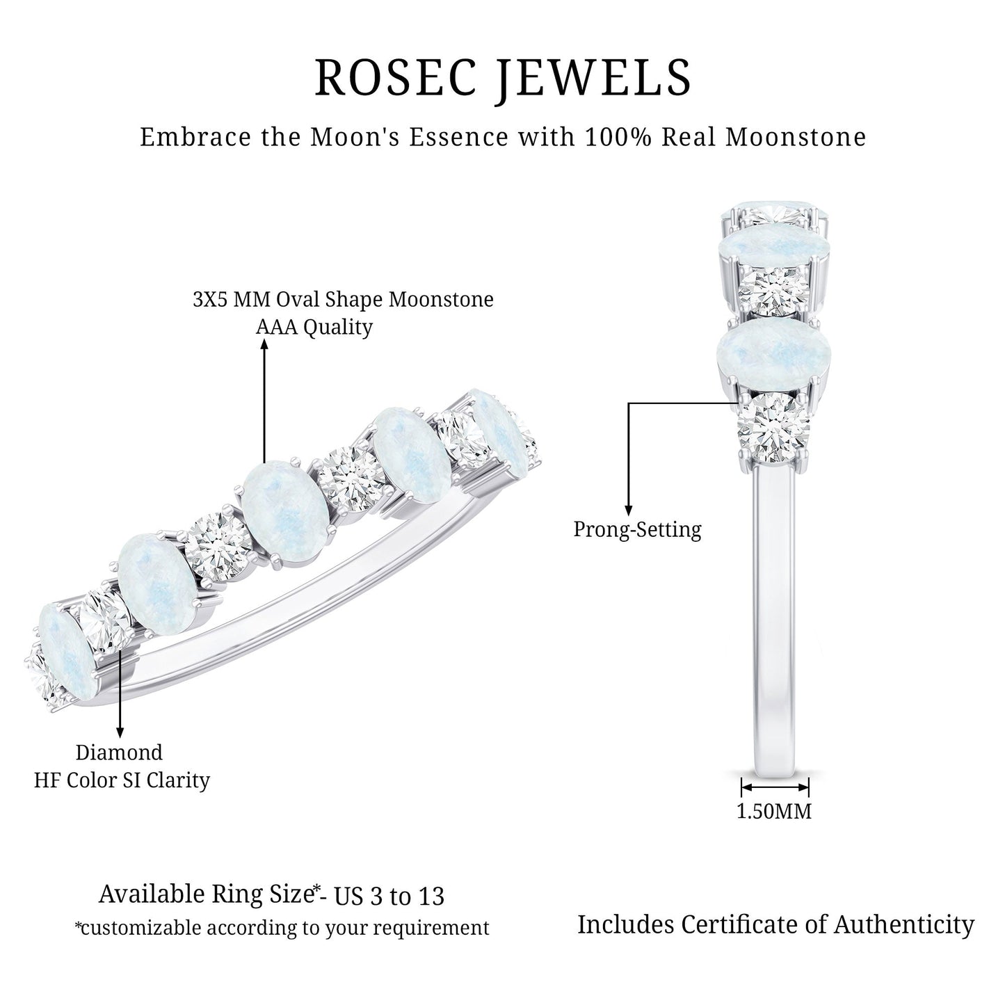 Alternate Moonstone and Diamond Semi Eternity Ring