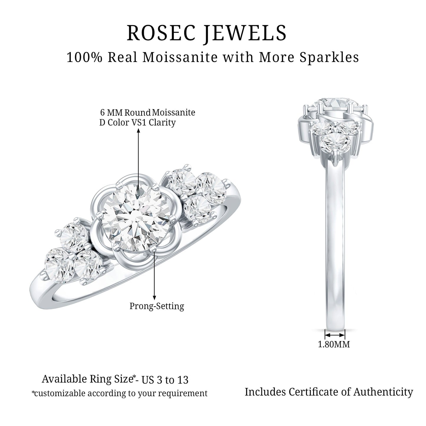Certified Round Moissanite Flower Engagement Ring