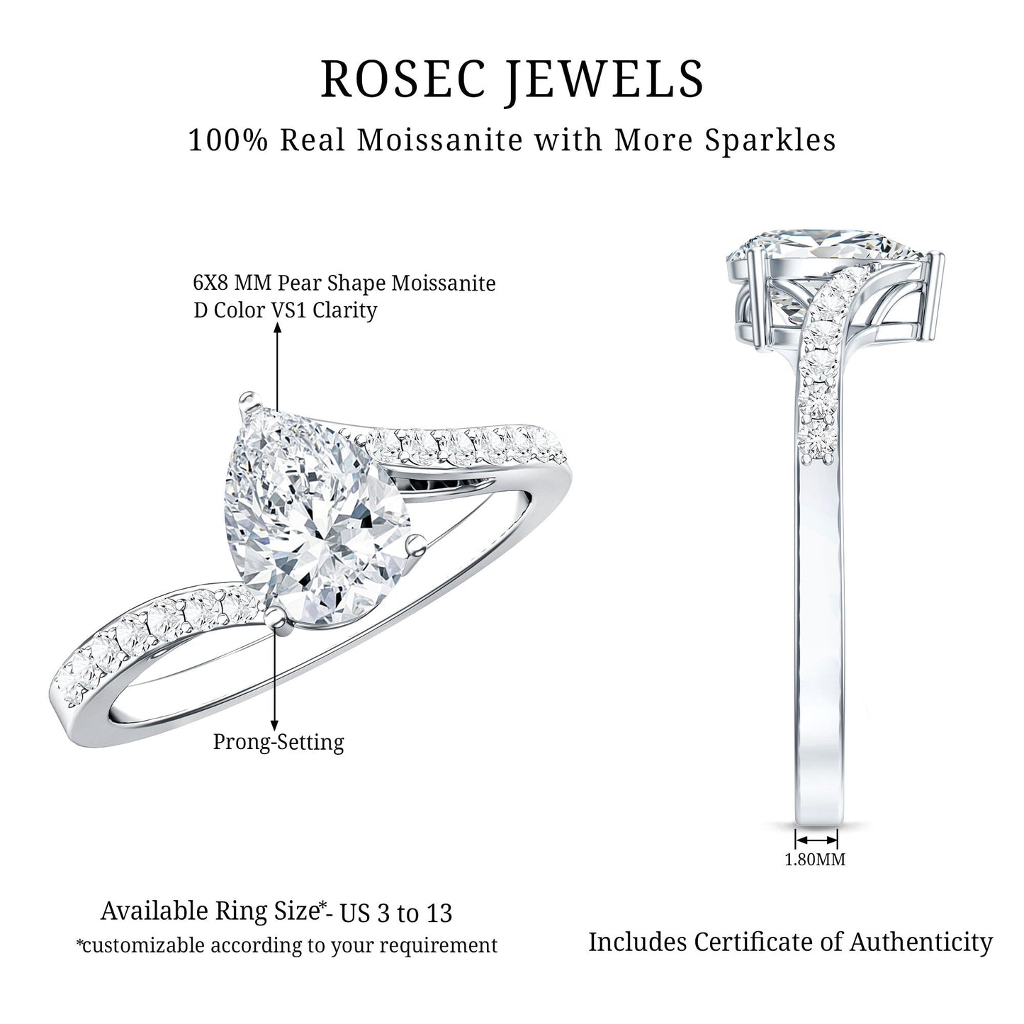 Pear Shape Moissanite Solitaire Bypass Engagement Ring
