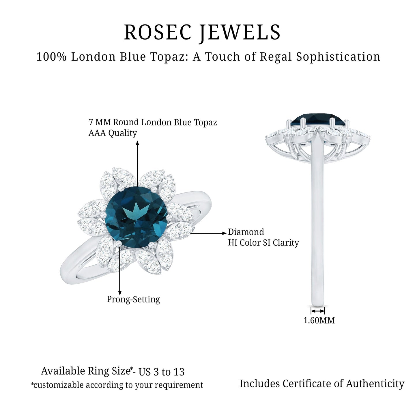 1.3 Carat Round London Blue Topaz Floral Engagement Ring with Diamond