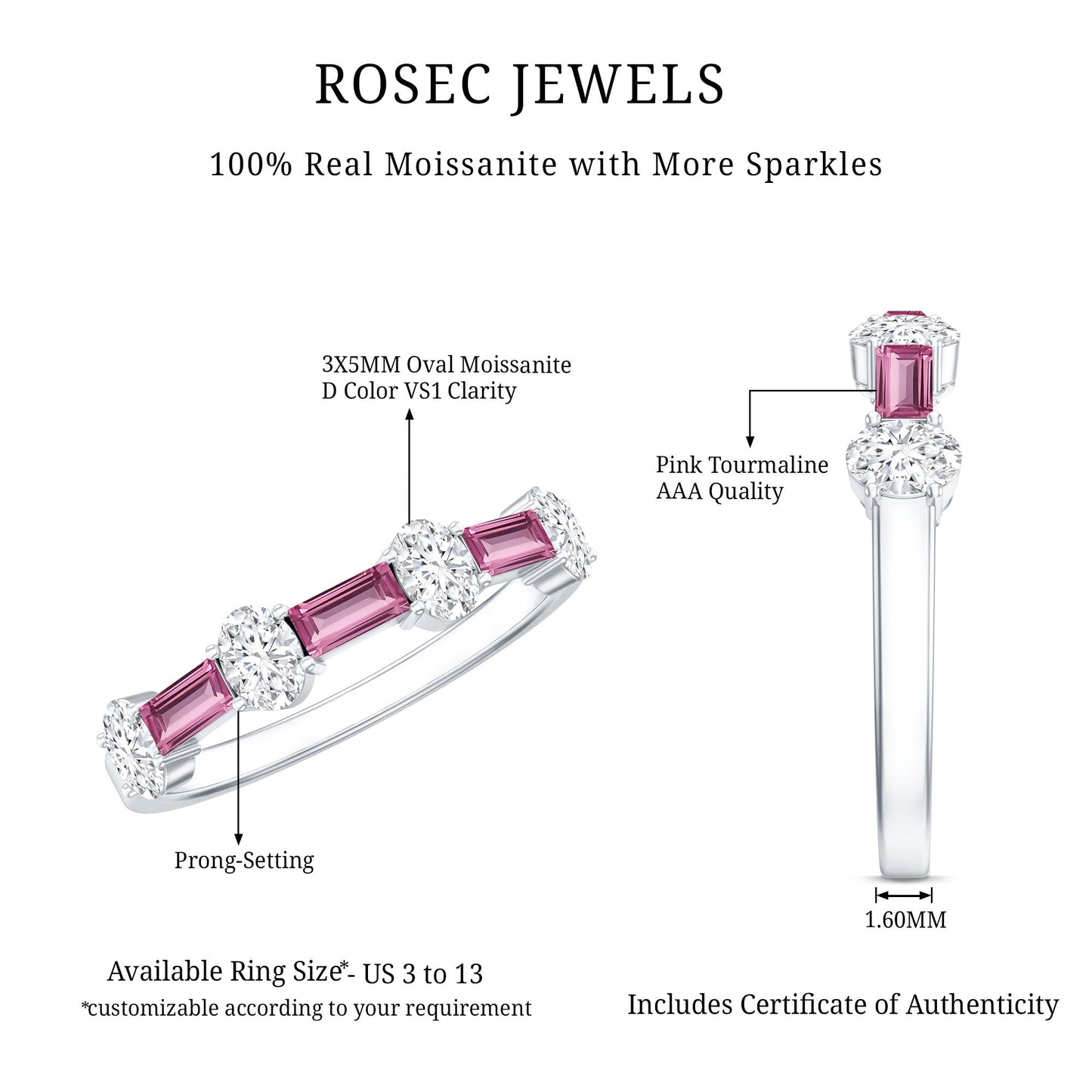 Natural Pink Tourmaline Semi Eternity Ring with Moissanite