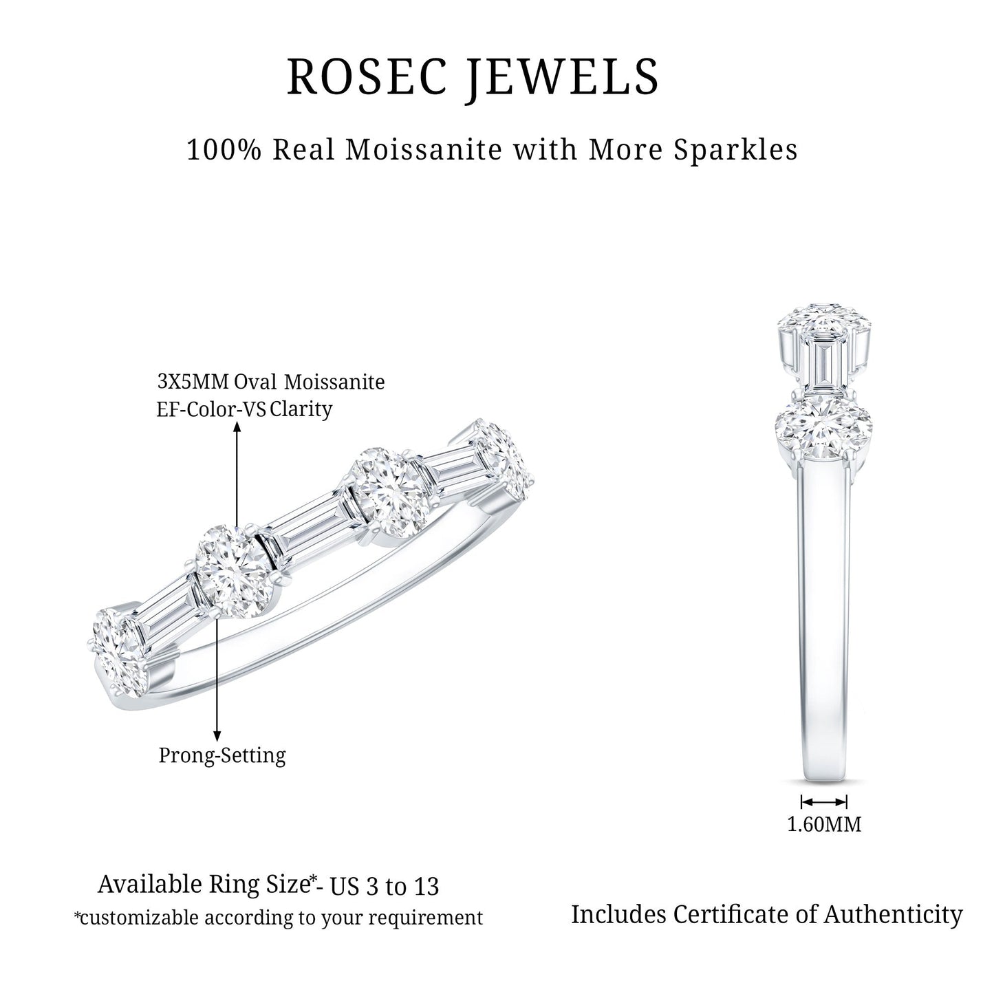 Oval and Baguette Cut Moissanite Half Eternity Ring