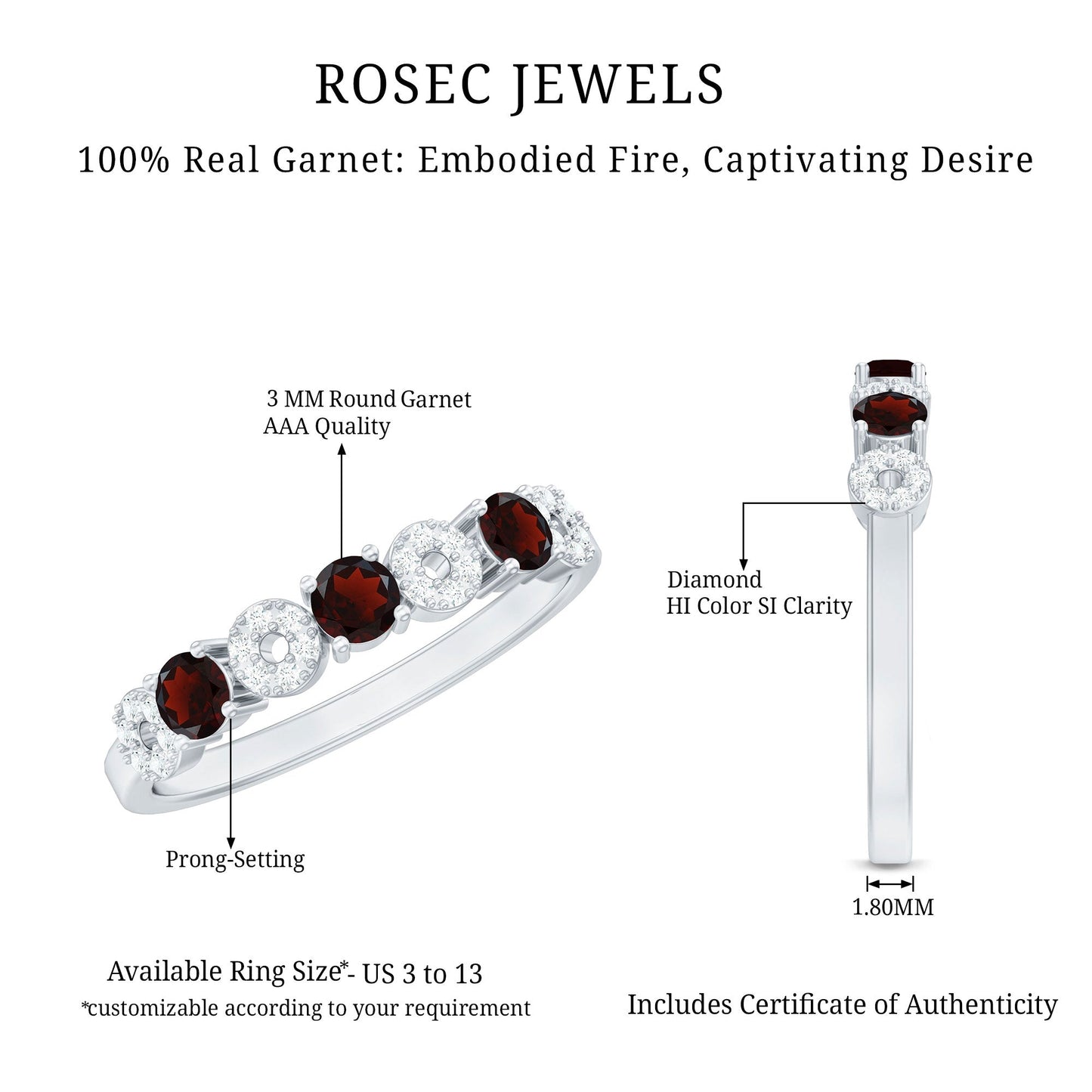 Natural Garnet Diamond Half Eternity Ring with Certificate