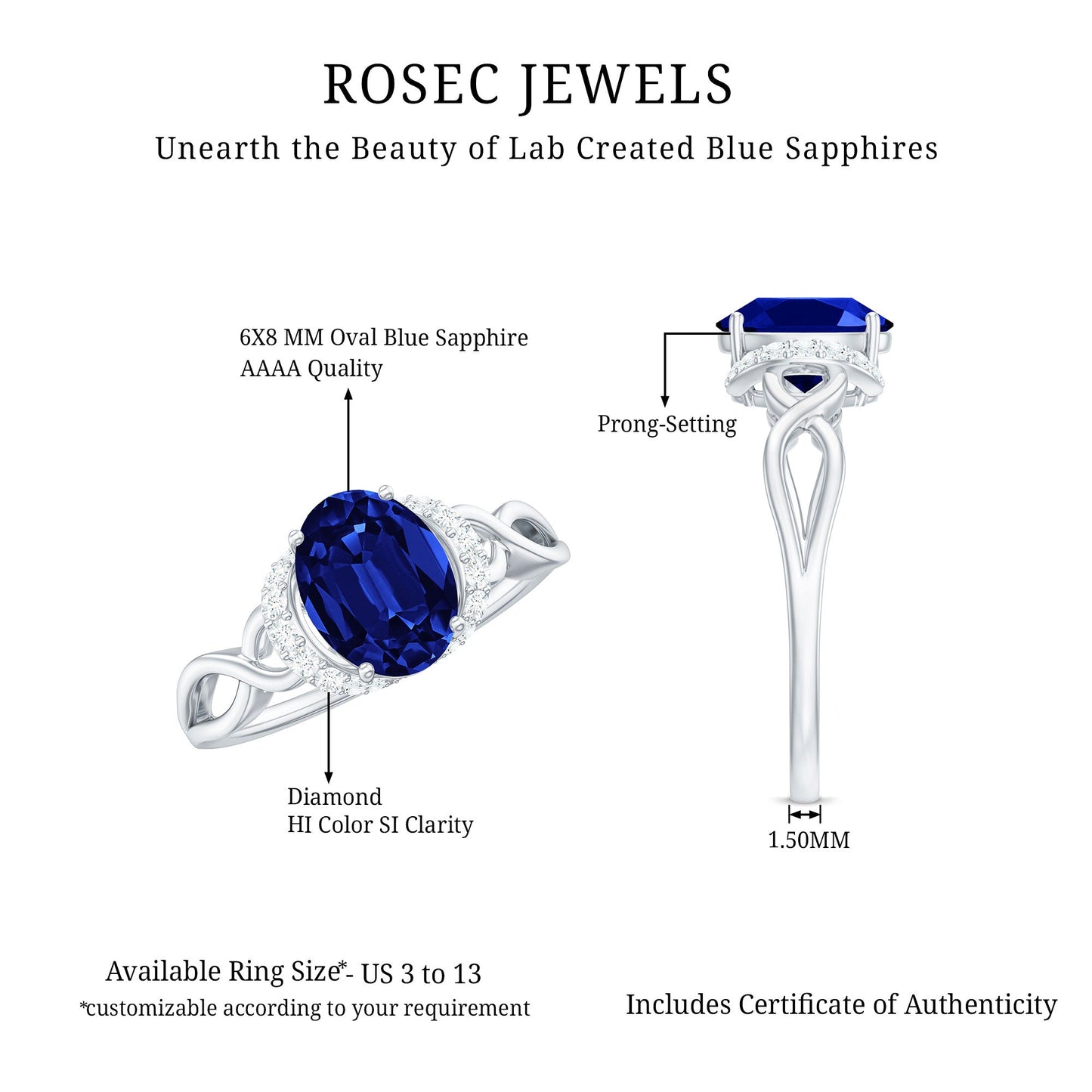 Certified 1.5 Carat Lab Grown Blue Sapphire Diamond Oval Engagement Ring with Crossover Shank