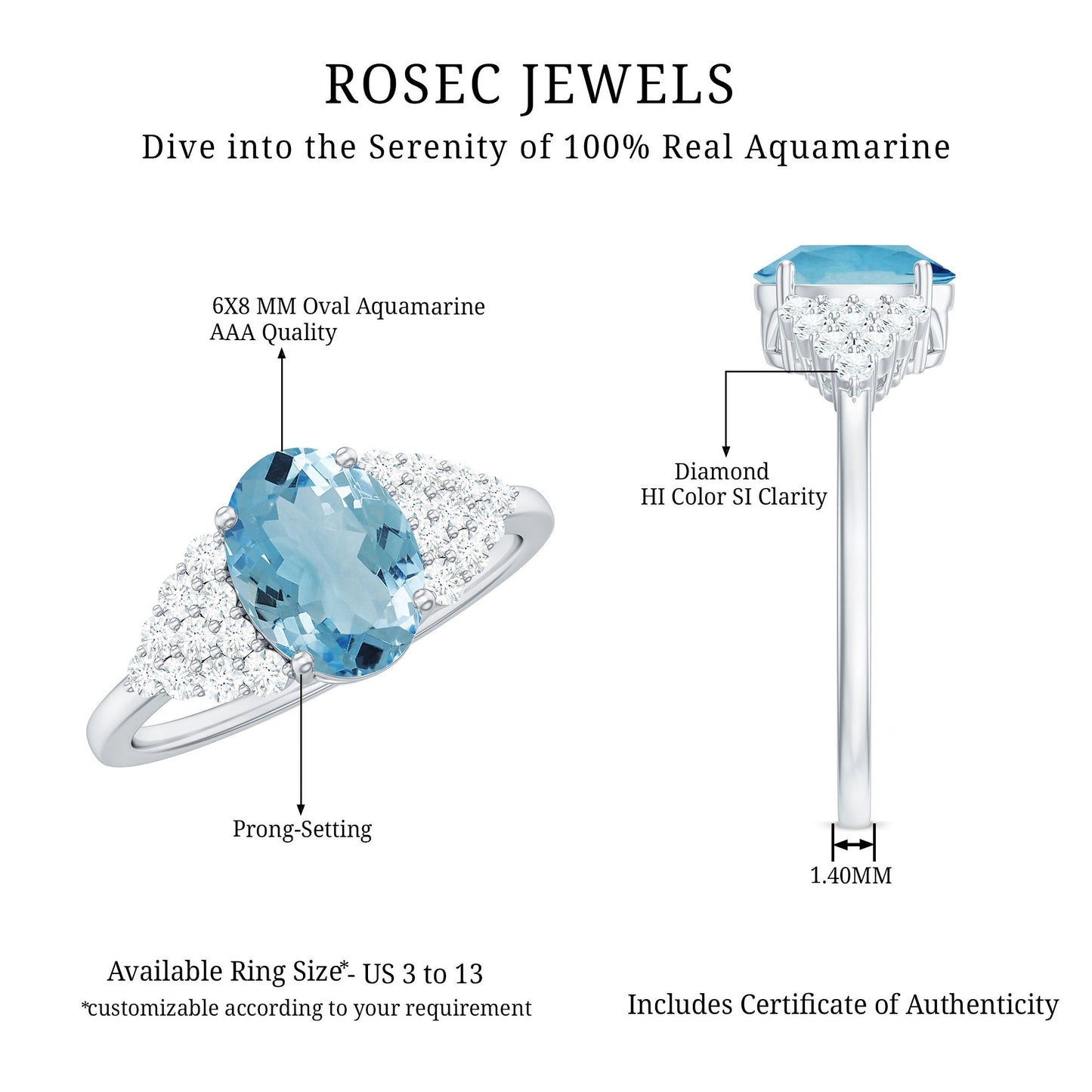 Solitaire 1 Carat Aquamarine Oval Engagement Ring with Diamond Cluster
