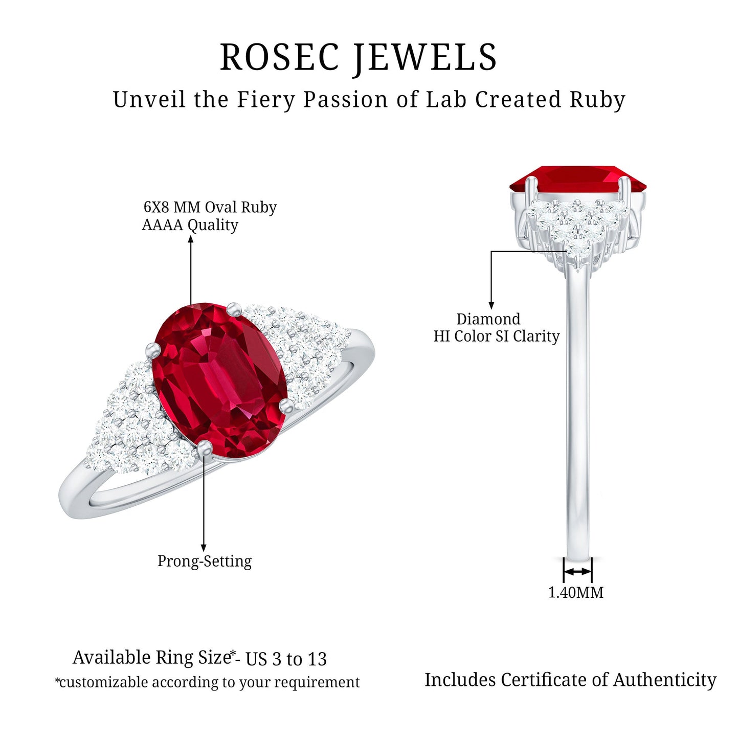Certified 1.5 Carat Oval Lab Grown Ruby Engagement Ring with Diamond