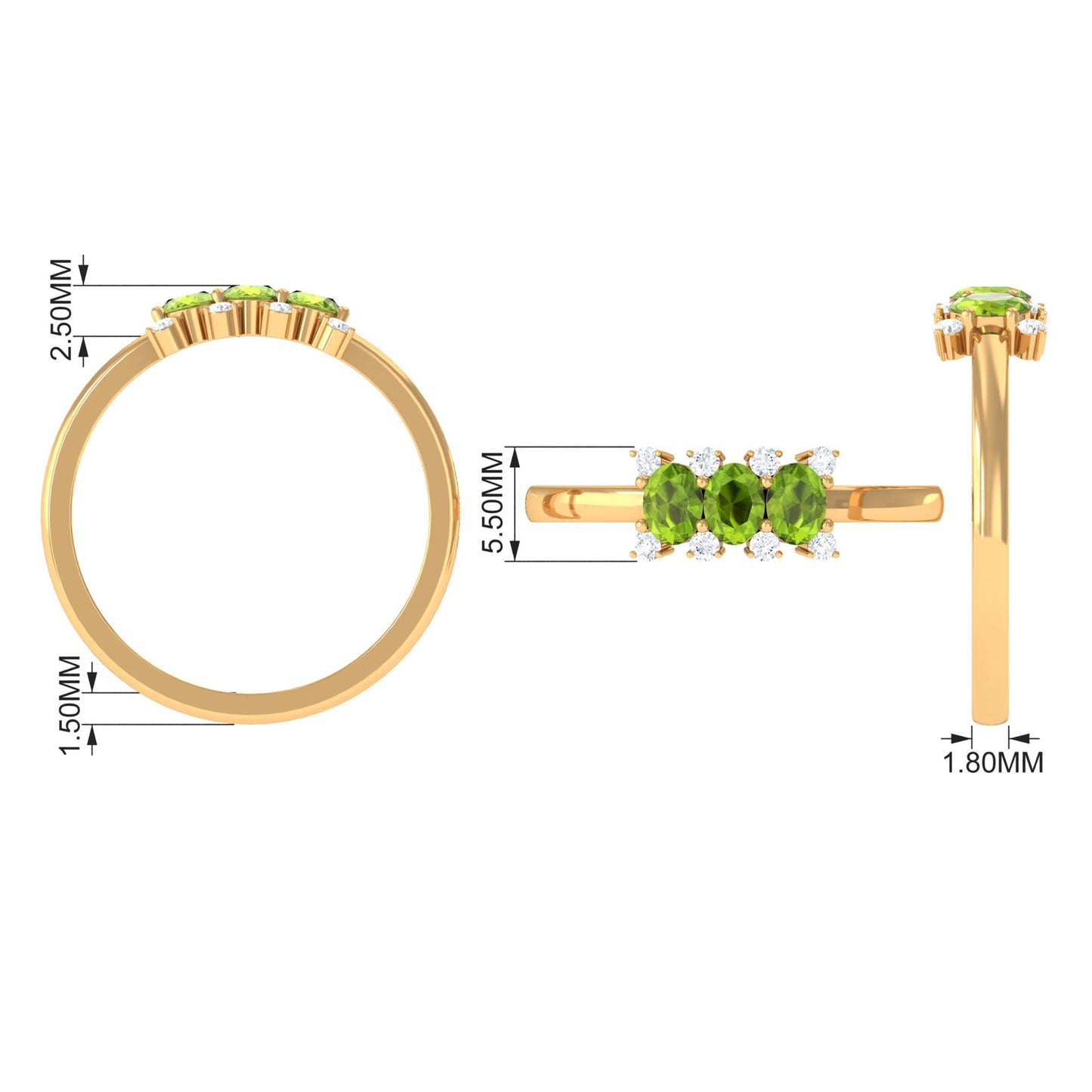 Oval Cut Peridot Three Stone Ring with Diamond Stones