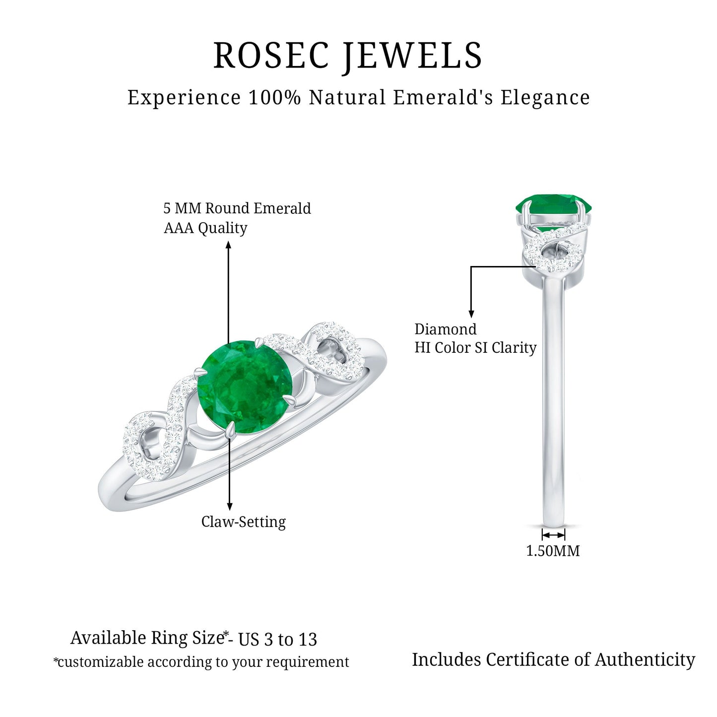 Real Emerald Diamond Promise Engagement Ring with Criss Cross Shank