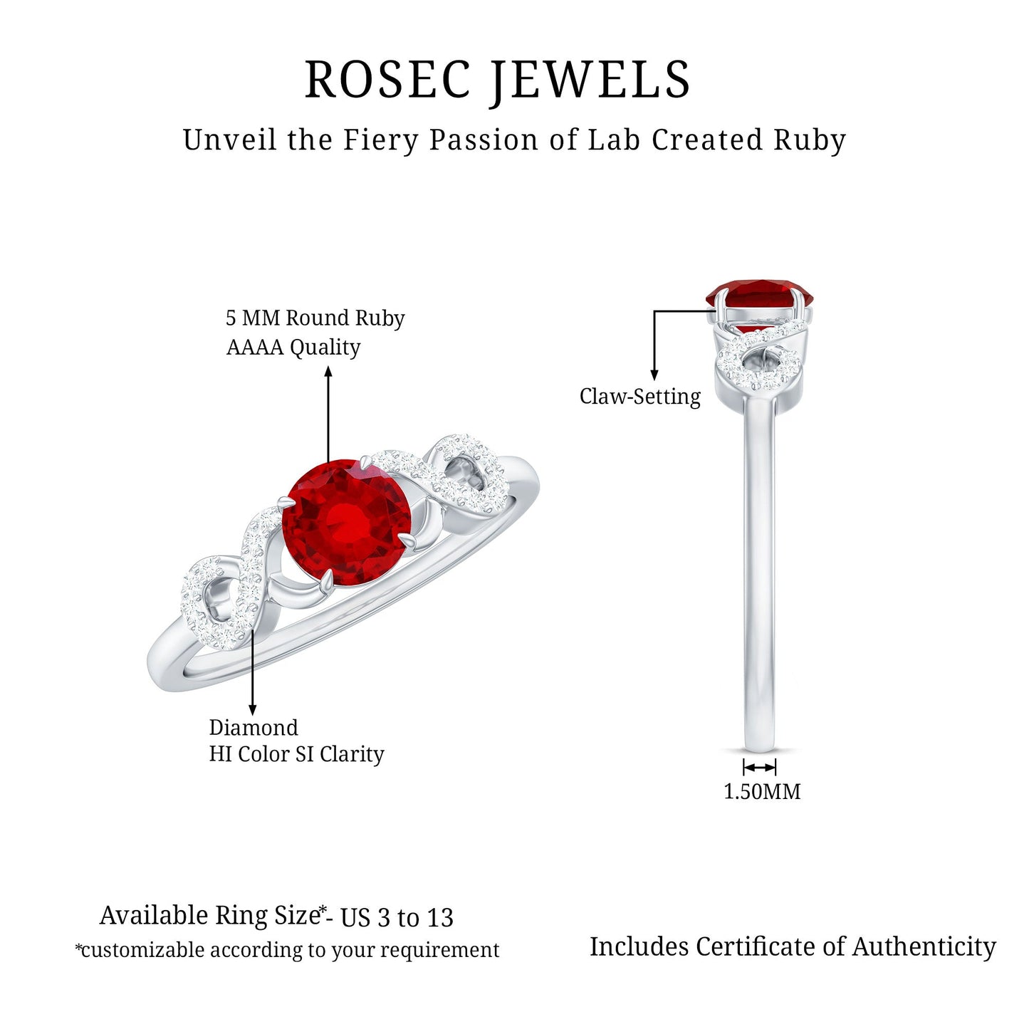Certified 0.6 Carat Lab Grown Ruby Promise Ring with Diamond Infinity Knot