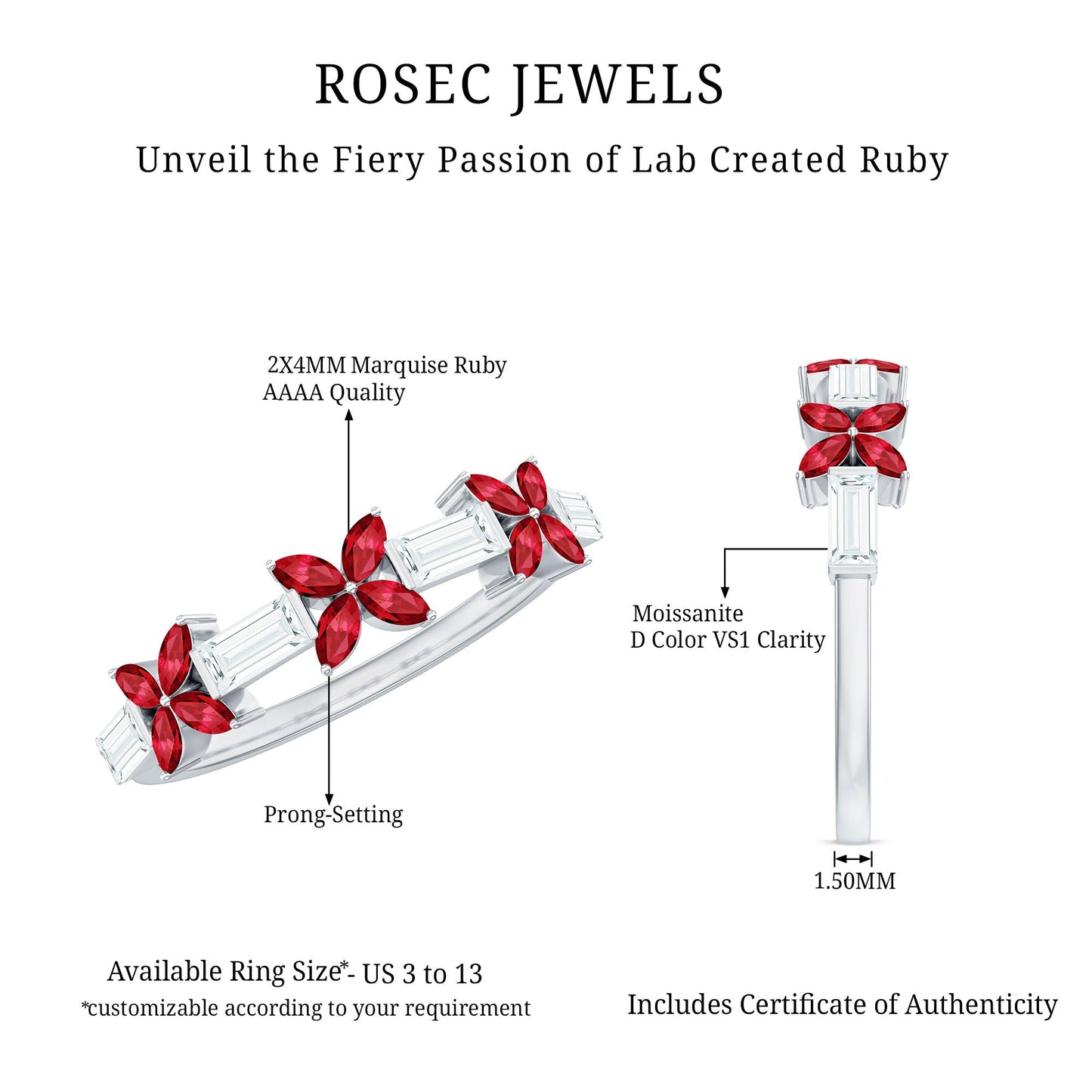 Marquise Cut Created Ruby and Moissanite Flower Half Eternity Ring