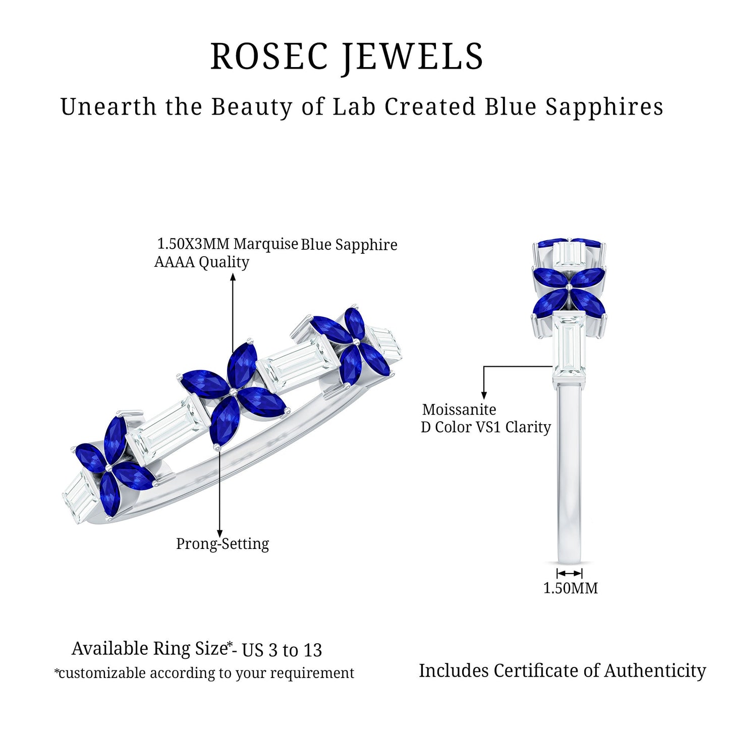 Marquise Cut Created Blue Sapphire and Moissanite Flower Half Eternity Ring
