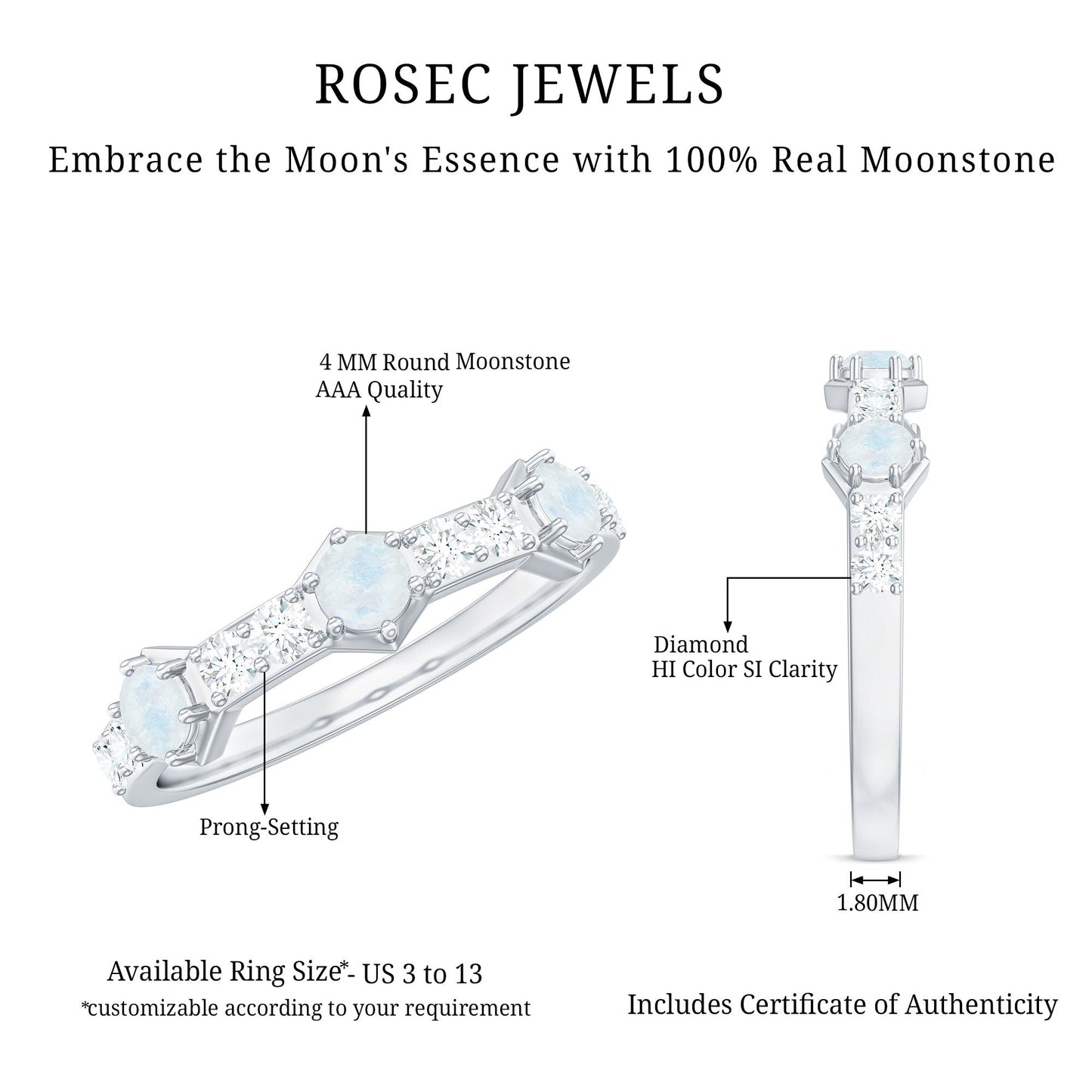 Moonstone and Diamond Minimal Half Eternity Ring