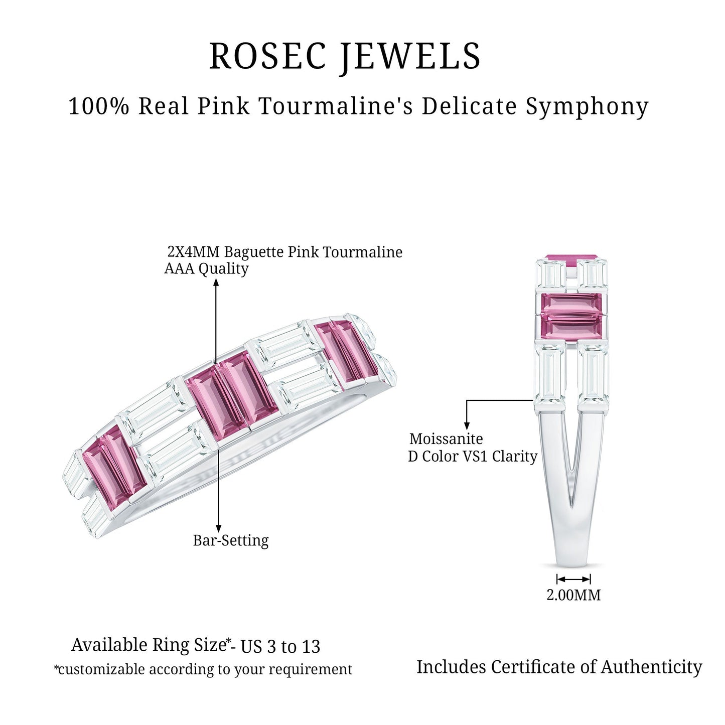 Baguette Shape Pink Tourmaline and Moissanite Half Eternity Ring