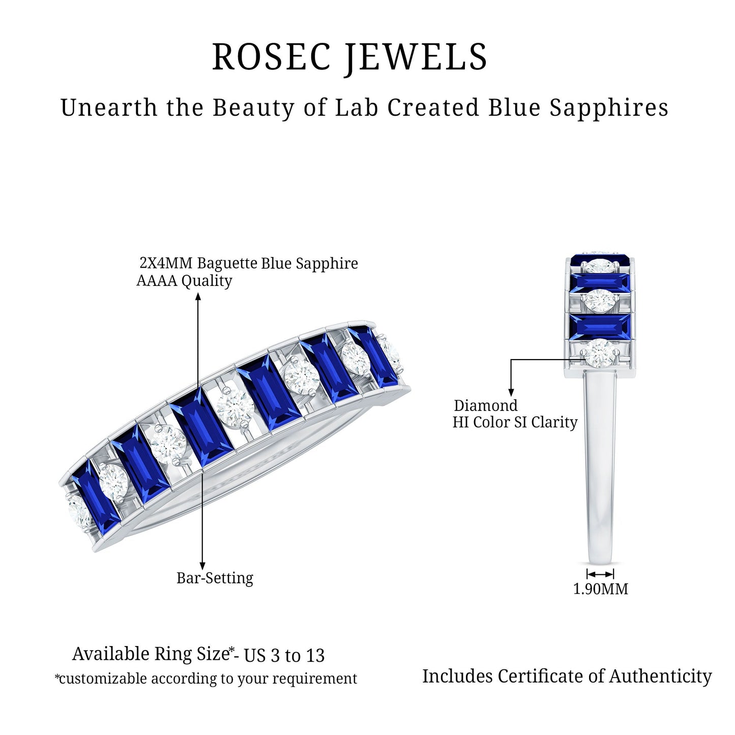 Baguette Cut Created Blue Sapphire Classic Half Eternity Ring with Diamond