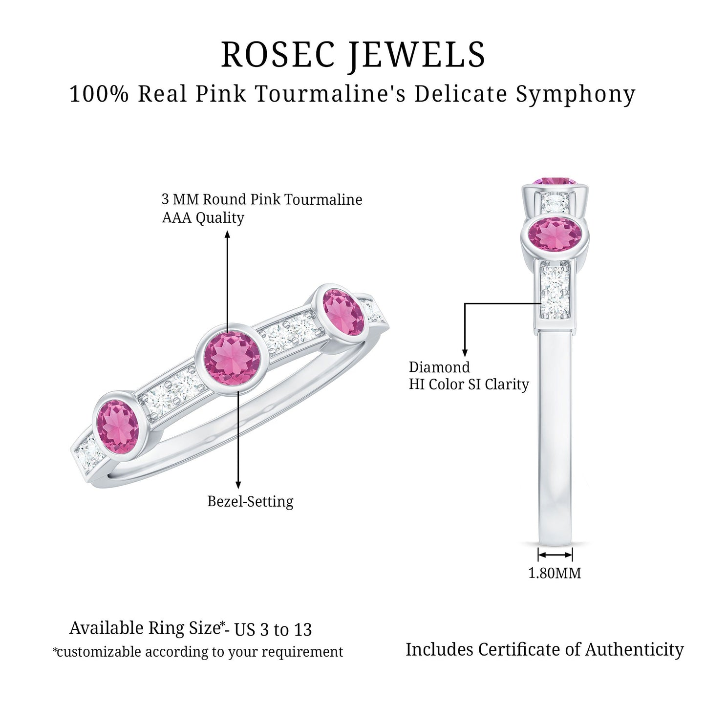 Pink Tourmaline and Diamond Minimal Half Eternity Band Ring