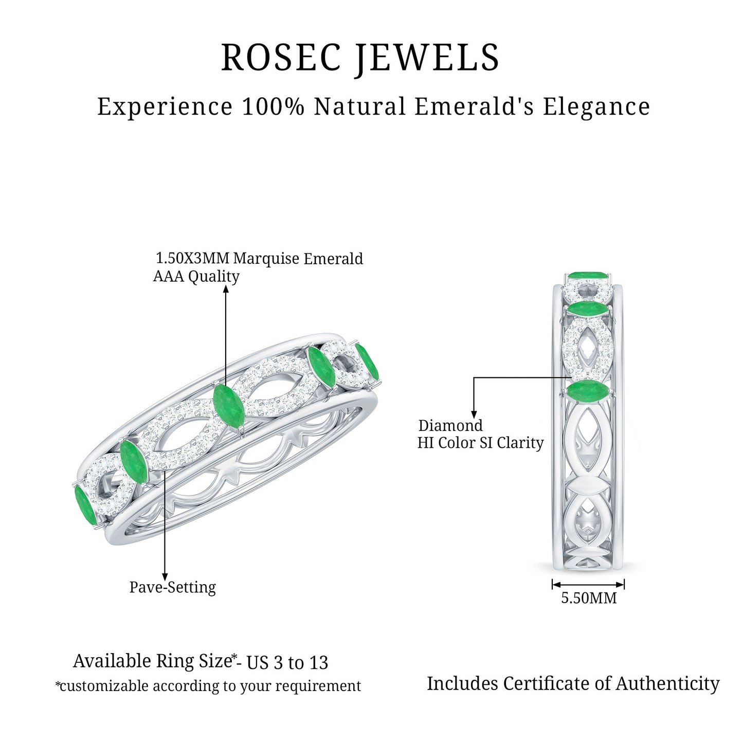 Genuine Emerald Diamond Eternity Wedding Band with Infinity Shank